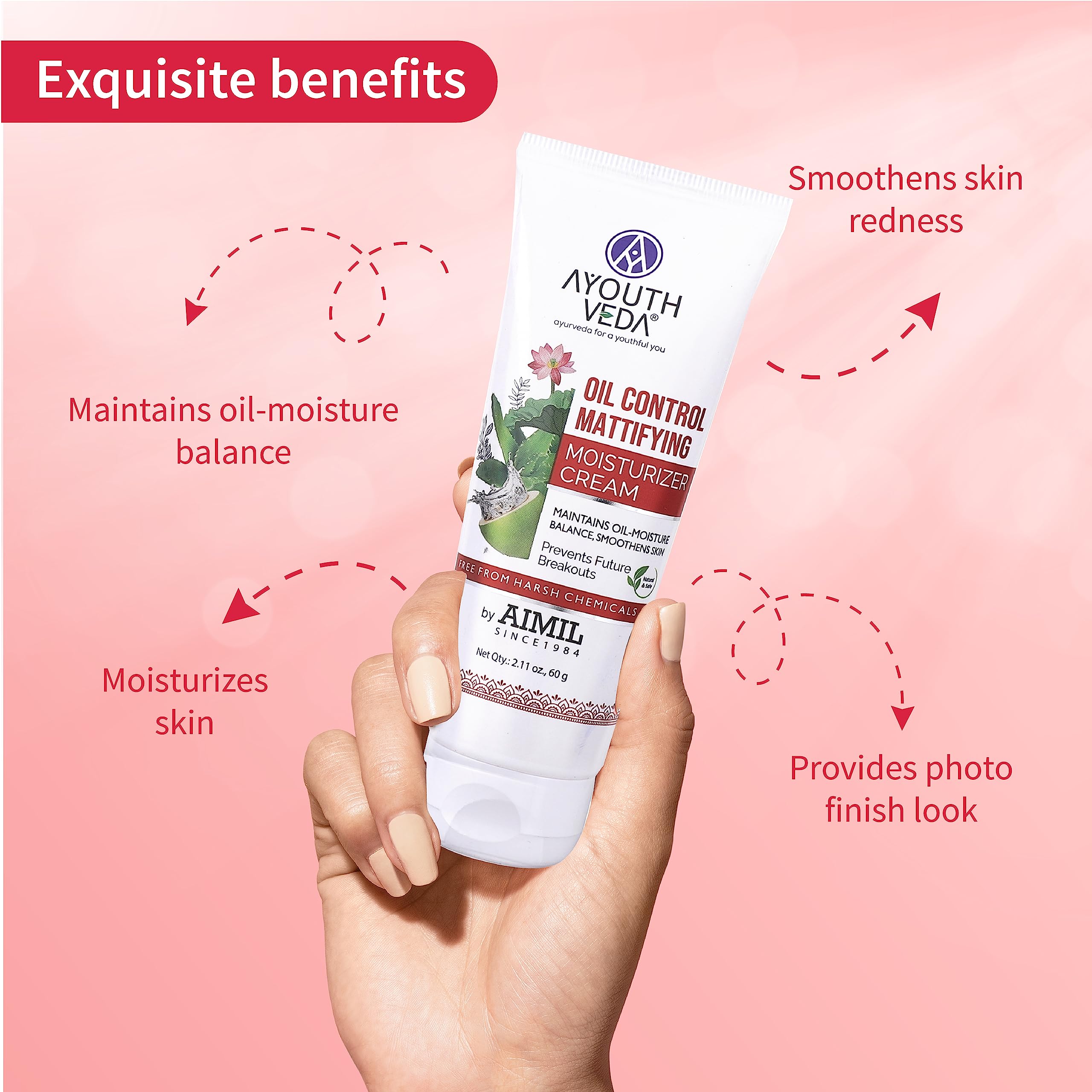 Ayouthveda Oil Control Mattifying Moisturizer Cream for Oily & Acne-Prone Skin - Green Tea, Aloe Vera & Coconut Water Formula to Reduce Redness & Breakouts - Hydrating & Smoothing Face Moisturizer (60g) | Perfect for Daily Skincare Routine & Makeup Prep
