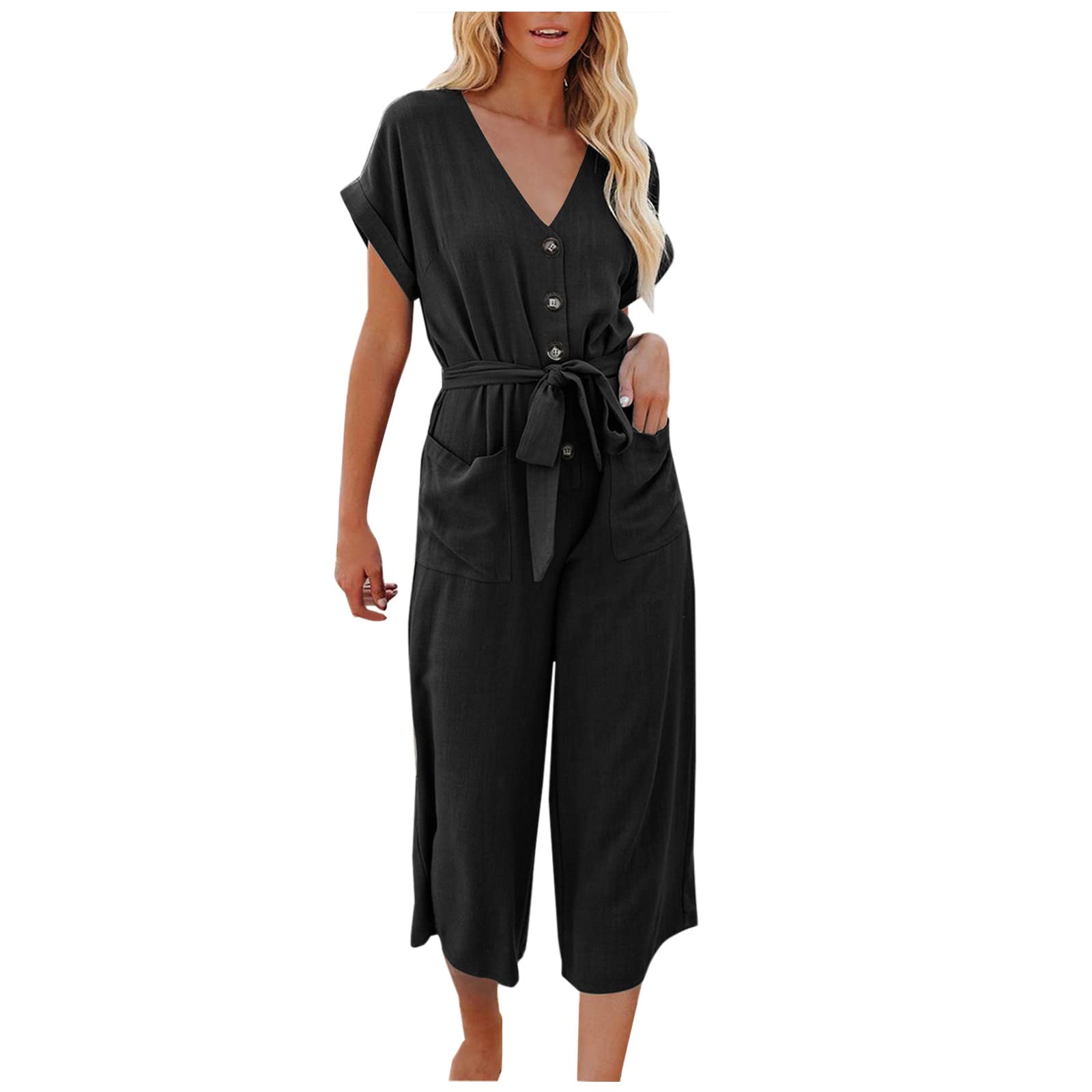 DOYIMBO Women's Plus Size Summer Romper - Sexy Black Jumpsuit with Pockets, Short Sleeve Playsuit for Casual Wear, Weddings & Outdoor Events | Breathable & Comfortable