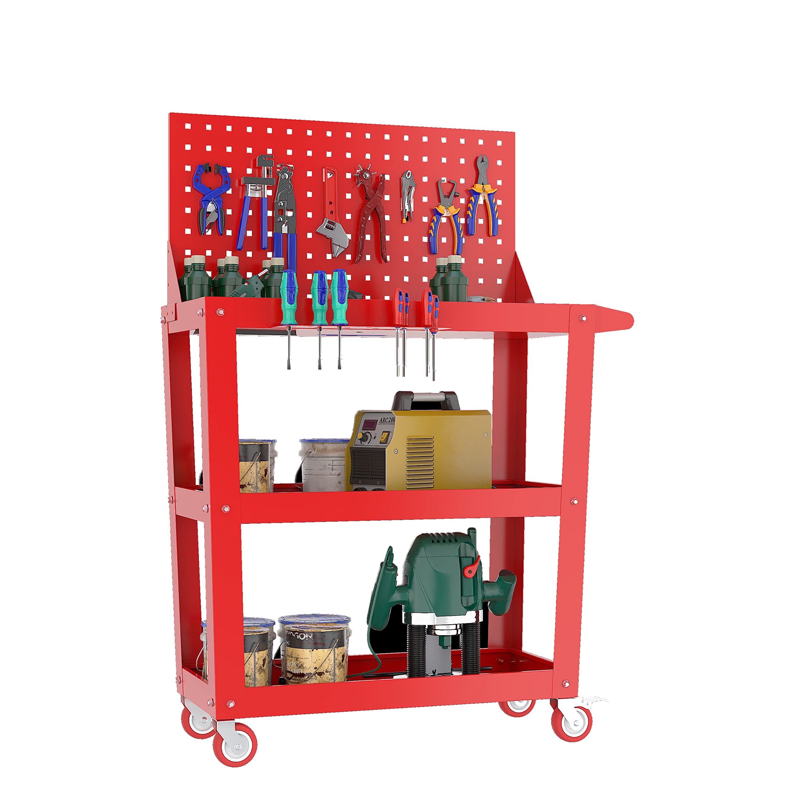 Heavy Duty Steel Workbench with 2 Drawers & Pegboard - 3-Tier Multipurpose Tool Storage Workbench for Home Workshop, Garage, DIY Projects & Professional Tool Organization