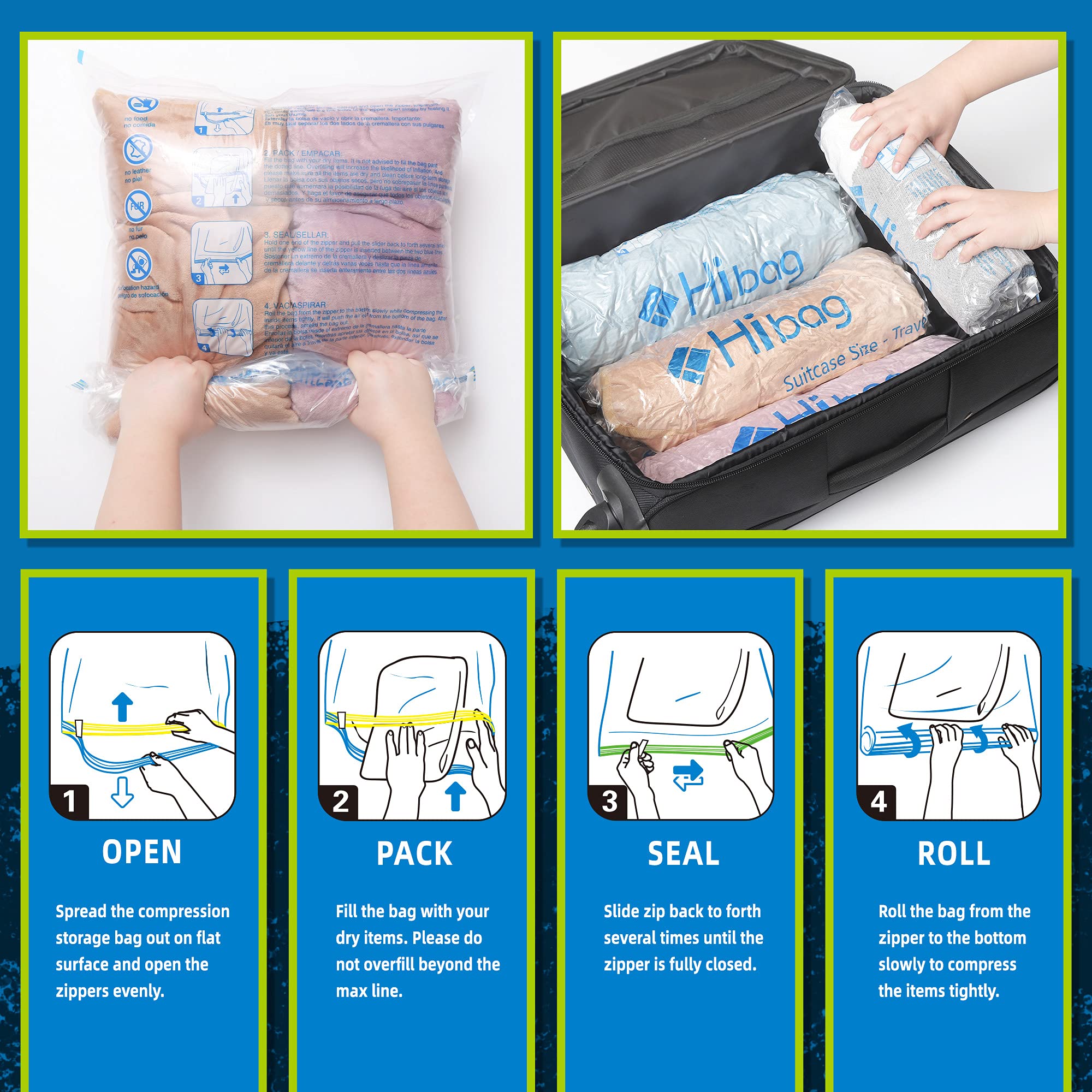 HIBAG 12-Pack Travel Compression Bags - Vacuum Seal Space Saver Storage Bags for Clothes, Blankets & Travel Essentials | Perfect for Cruise, Camping & Airplane Luggage Organization