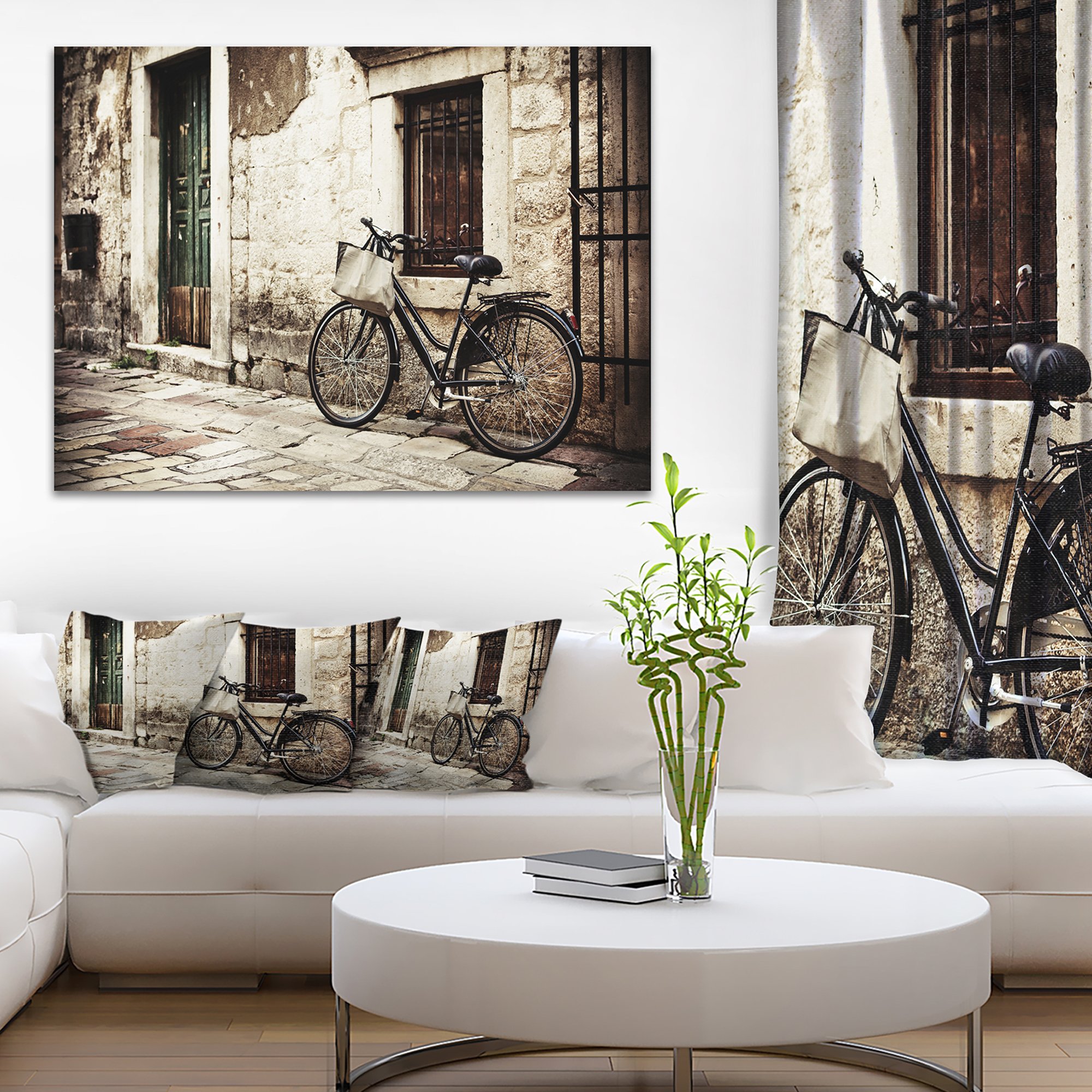 Bicycle with Shopping Bag Landscape Canvas Art Print - Vintage Cycling Decor for Home, Office & Cafe Wall Decor