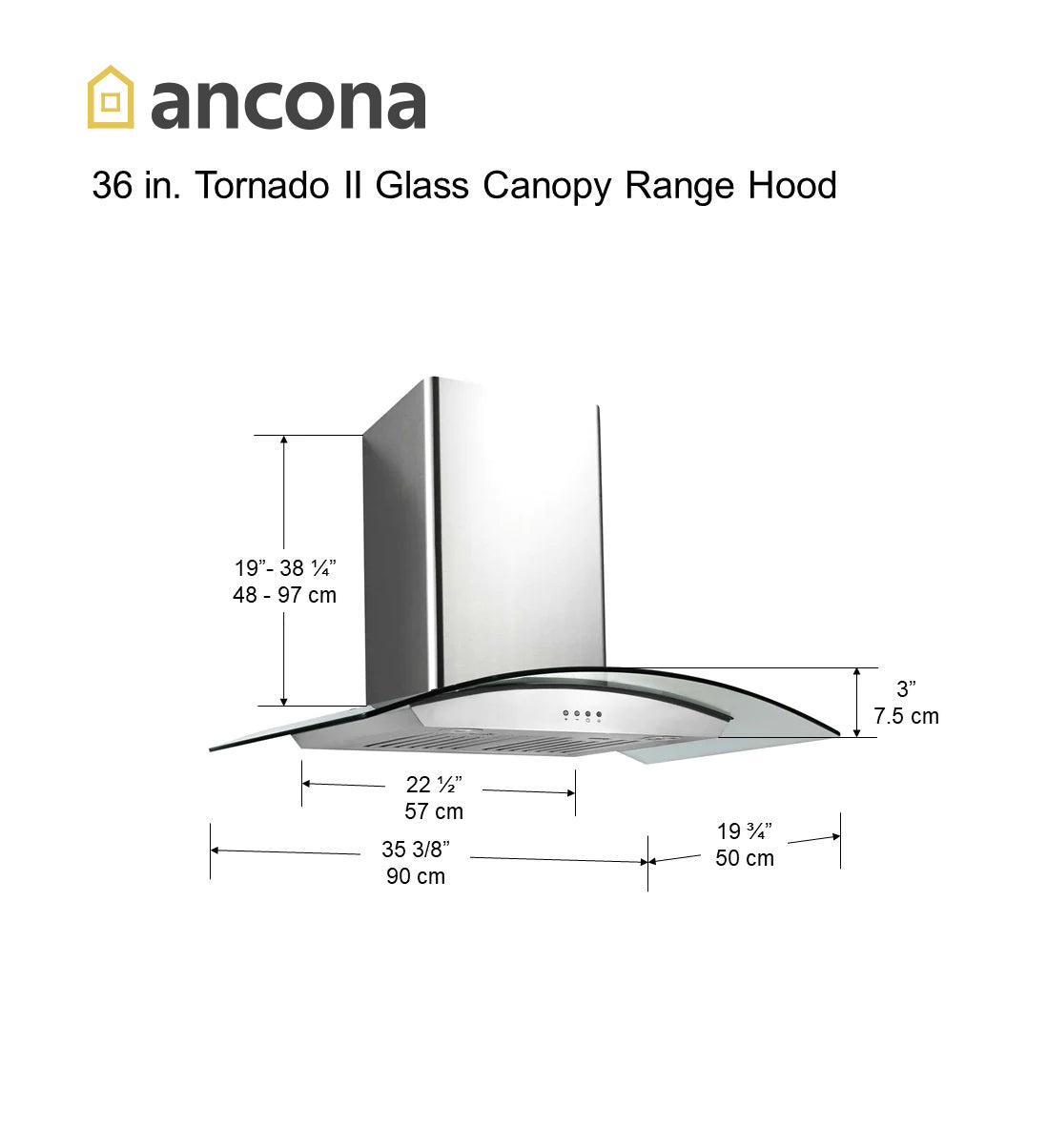 36 Inch Tornado II 600 CFM Wall Mount Range Hood with Glass Canopy - Powerful Kitchen Ventilation for Smoke & Odor Removal - Perfect for Modern Kitchens, Restaurants & Open Concept Homes