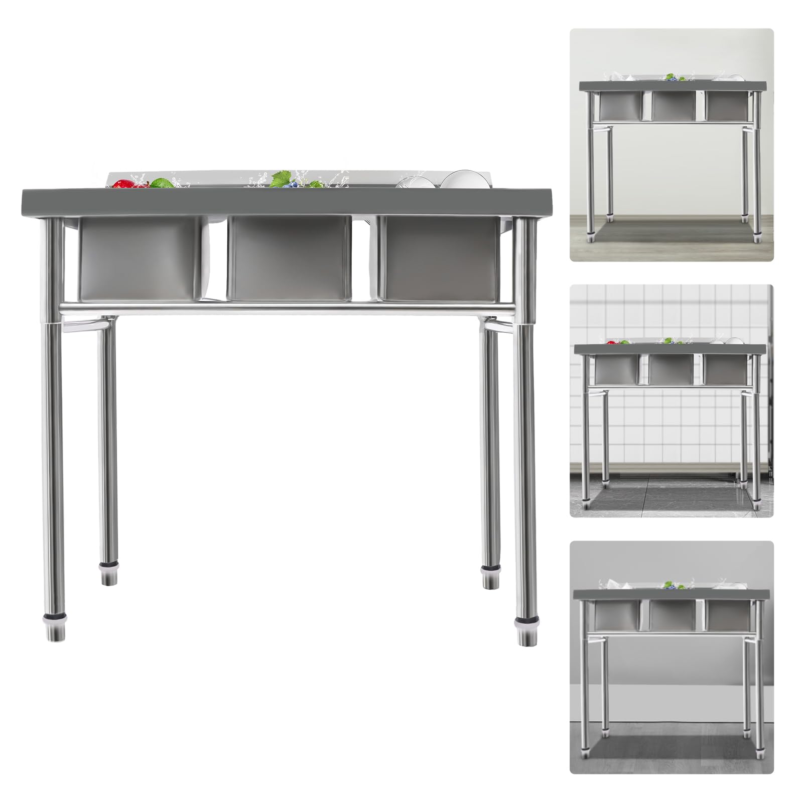 3 Compartment Stainless Steel Commercial Kitchen Sink Set - Heavy Duty Utility Sink for Restaurant, Garage, Laundry & Outdoor Use | Durable Prep Sink for Busy Kitchens & Work Areas