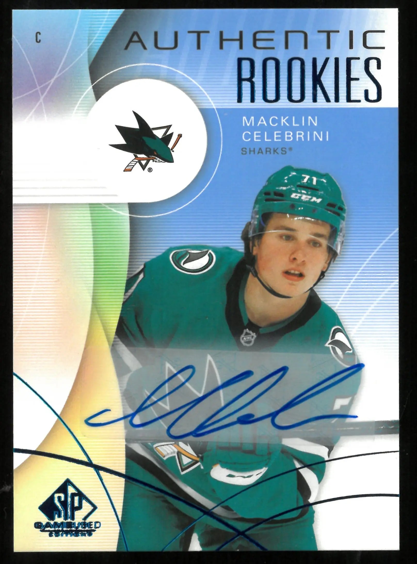 2024-25 Upper Deck SP Game Used Macklin Celebrini Authentic Rookie Card Blue Autograph - Collectible Hockey Memorabilia for Fans & Sports Card Enthusiasts