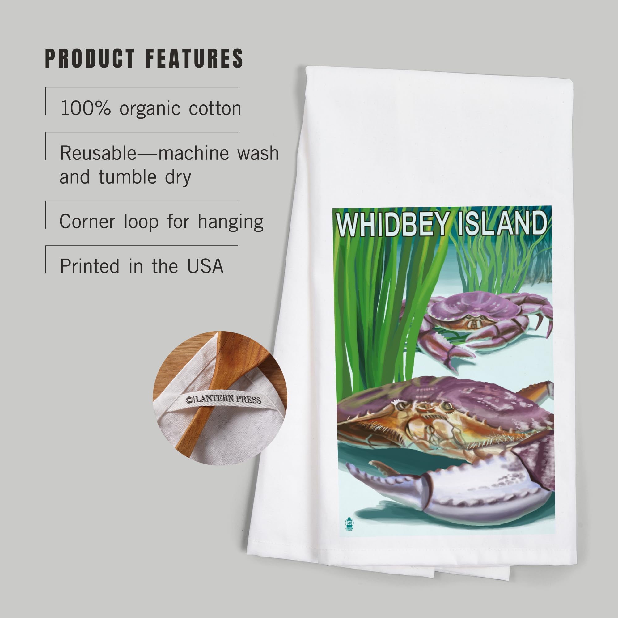 Lantern Press Whidbey Island Washington Crab Tea Towel - 100% Cotton Decorative Hand Towel for Kitchen & Home Decor - Perfect for Dish Drying, Gift Giving, and Farmhouse Style Decor