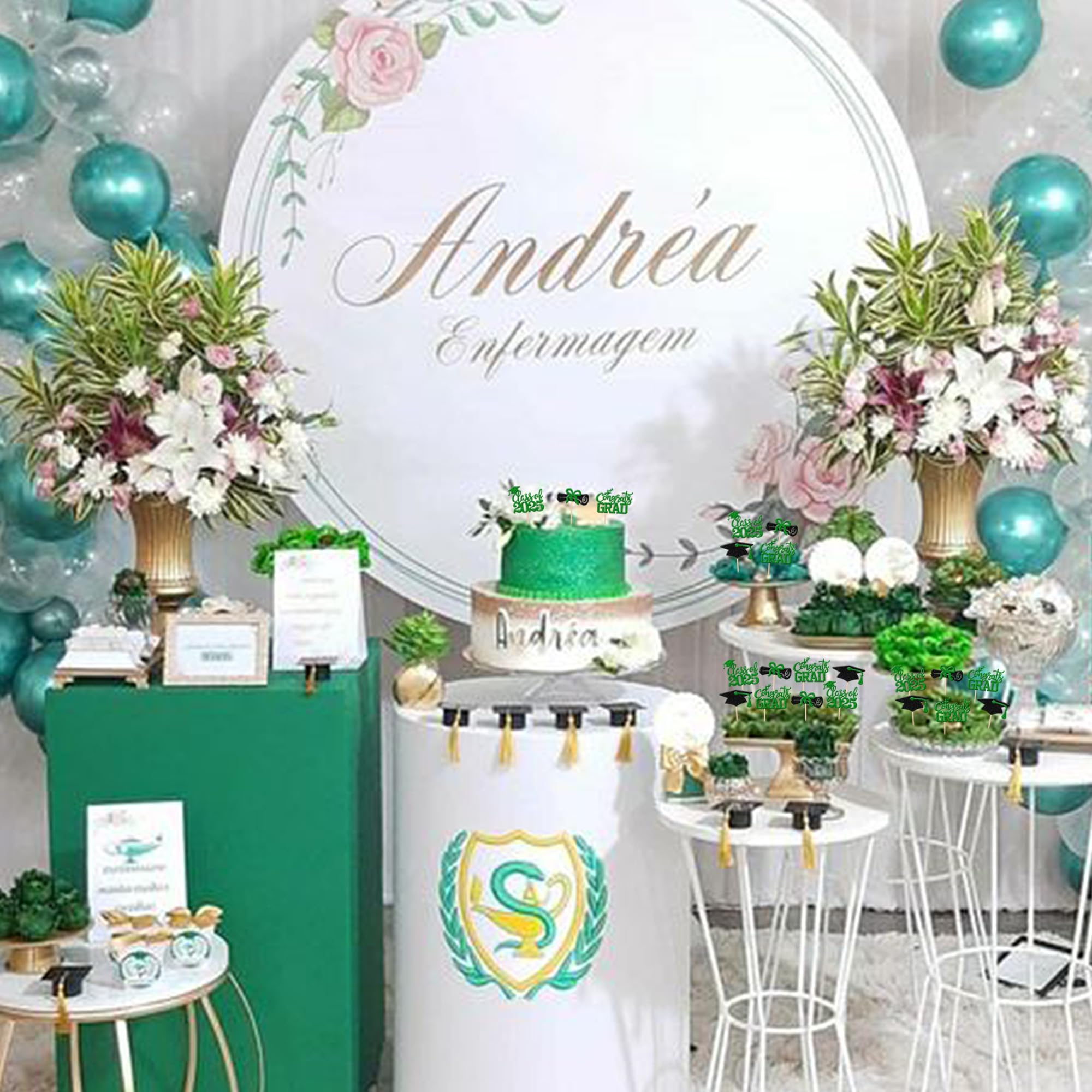 24 PCS Class of 2025 Graduation Cupcake Toppers - Glitter 2025 Congrats Grad Cap & Diploma Cake Decorations - Green Graduation Party Supplies for High School, College Commencement Celebrations