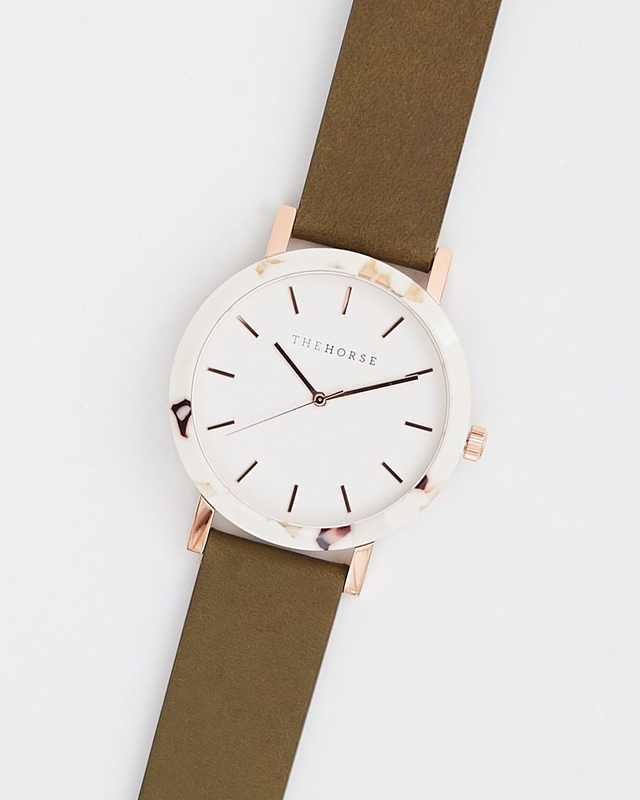 Luxury Resin Nougat Watch Case - White Dial with Rose Gold Indexes & Olive Leather Strap - Perfect for Formal Events, Business Meetings, and Everyday Elegance
