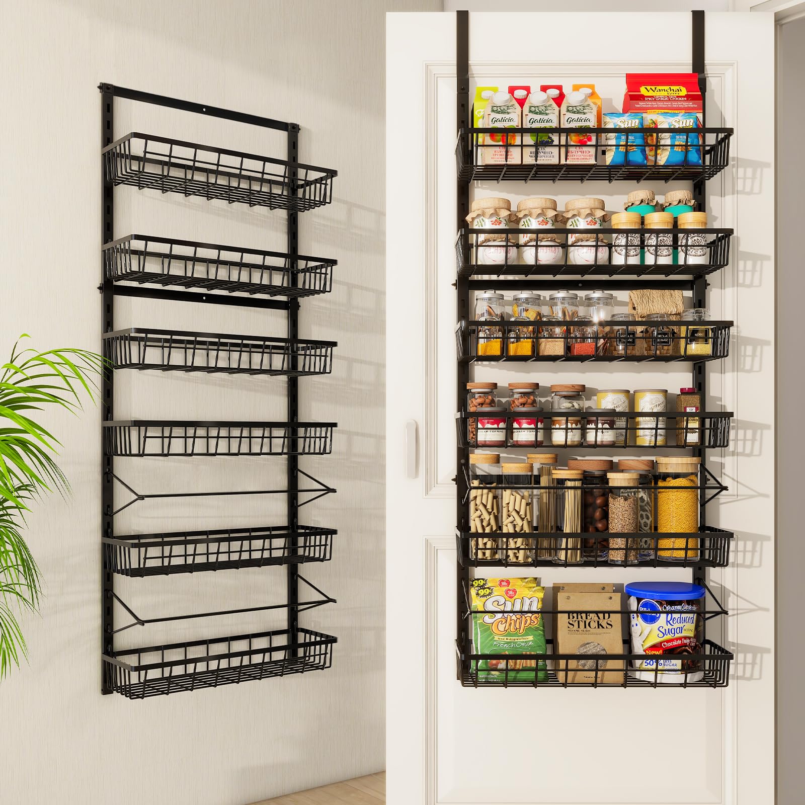 Over The Door Pantry Organizer - 6-Tier Adjustable Hanging Baskets, Metal Wall Mount Spice Rack for Kitchen, Bathroom & Laundry Storage | Space-Saving Home Organization Solution for Spices, Toiletries & Cleaning Supplies