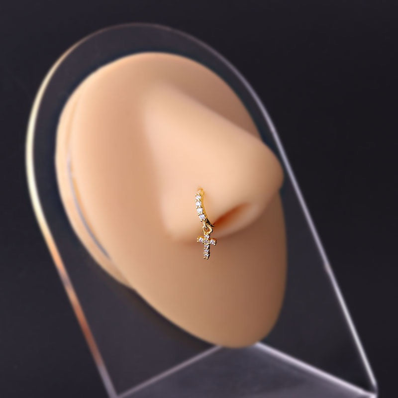 18K Gold Cross Dangle Hoop Nose Ring - HSPJ670 | Religious Jewelry for Women, Perfect for Everyday Wear & Special Occasions