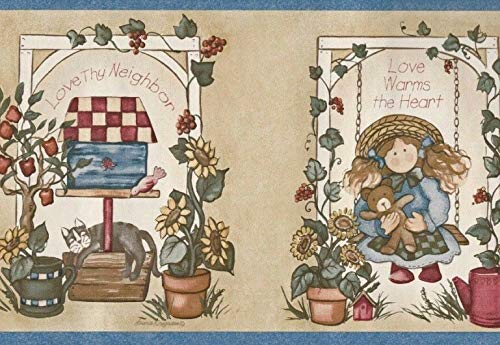Handmade Country Folk Art Dolls Wallpaper Border - Vintage Home Decor for Nursery, Bedroom & Living Room - Perfect for Rustic Farmhouse & Cottage Style Interiors