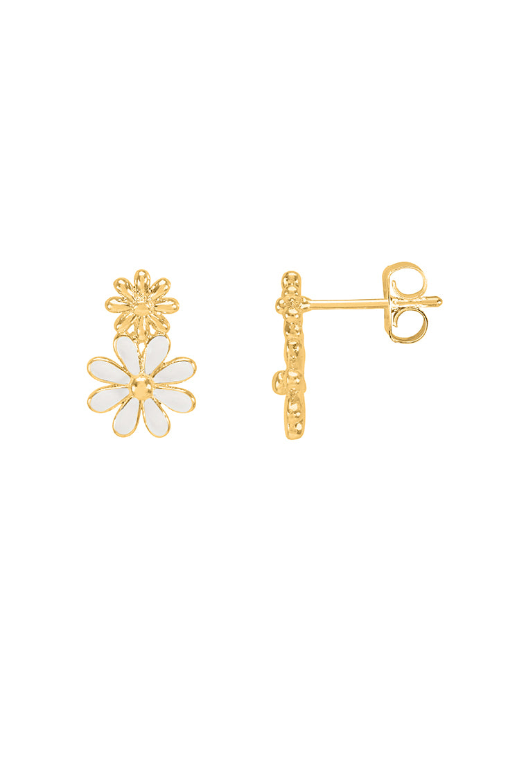 White Enamel Double Flower Stud Earrings for Women - Elegant Floral Fashion Jewelry for Daily Wear & Special Occasions