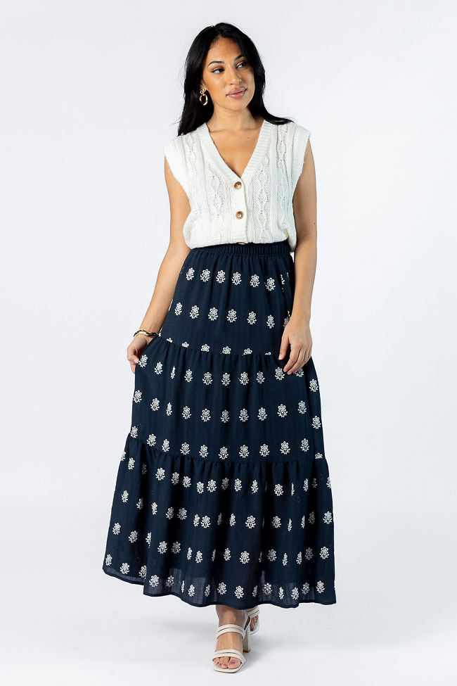 Navy Blue Embroidered Maxi Skirt for Women - Boho Chic Long Skirt with Floral Design - Perfect for Beach, Vacation & Summer Outfits