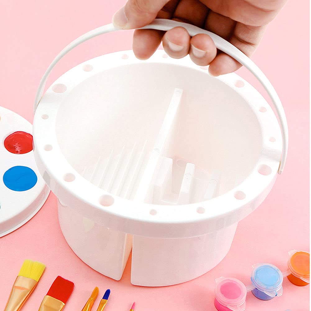 Professional Art Brush Cleaner Pot with Holder & Palette Lid - White Round Paint Brush Washer Basin for Watercolor & Oil Painting - Perfect for Studio, Classroom & Home Art Projects