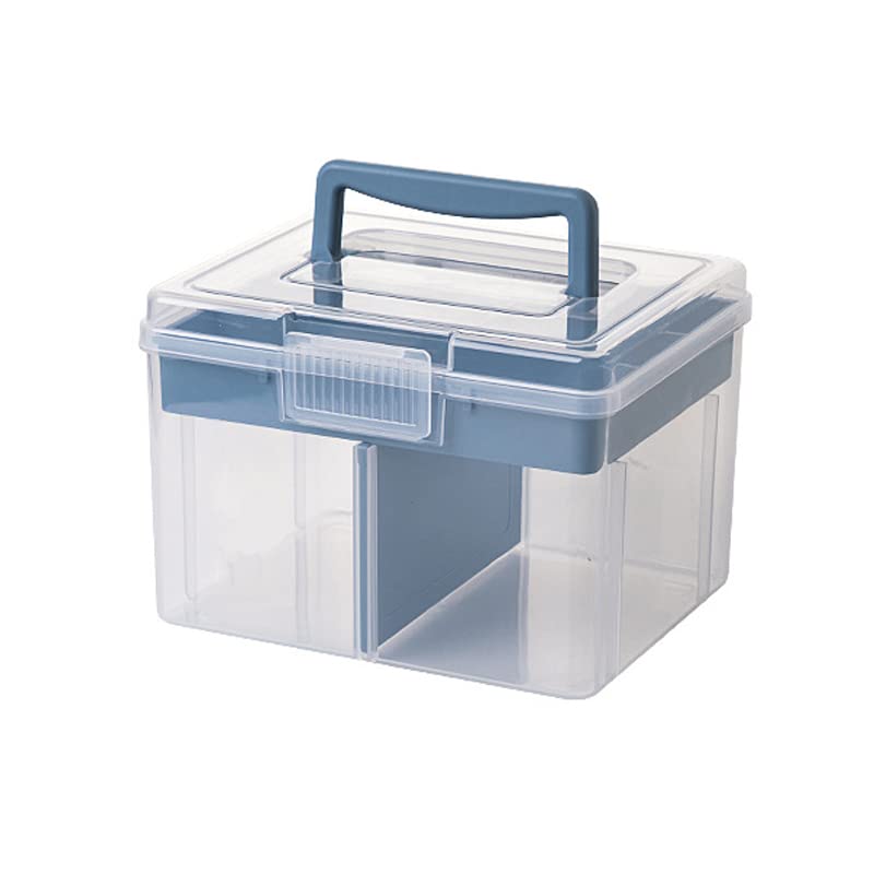 Clear Small Plastic Storage Box with Handle & Removable Tray - Adjustable Divider Organizer for Kids Art Supplies, School Stationery, Office Desk, or Medicine Storage (Clear & Ocean Blue) - Perfect for Classroom, Home, or Office Organization