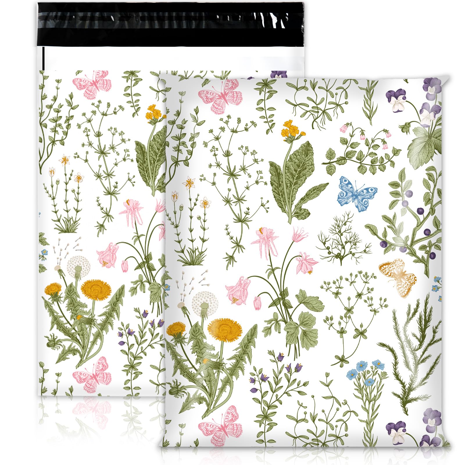 100Pcs 10x13 Inch Retro Wildflower Poly Mailers - Self-Sealing Green Floral Mailing Bags for Clothing, Small Business Shipping | Eco-Friendly Packaging for Ecommerce, Online Stores & Boutique Apparel