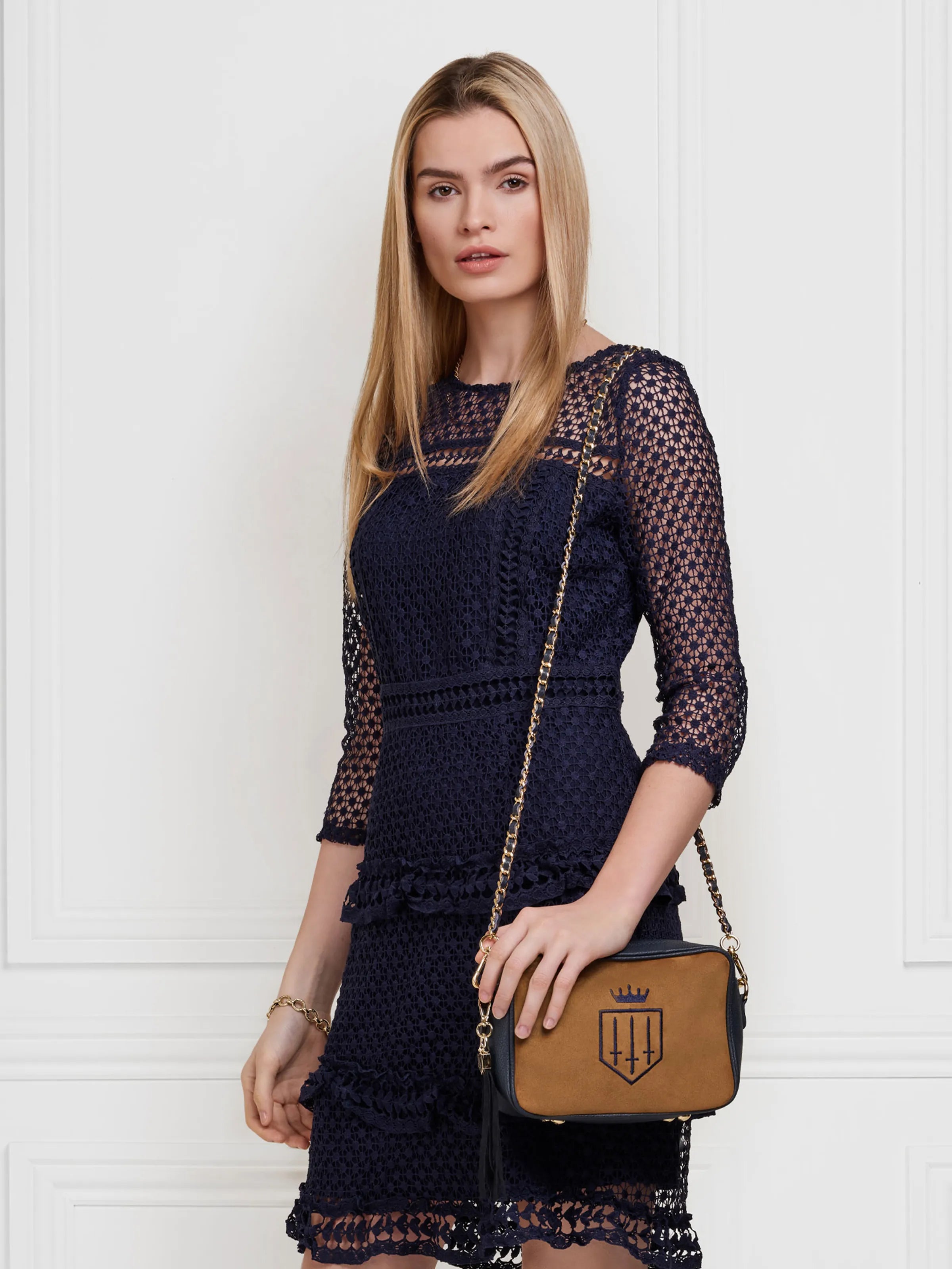 Finsbury Tan & Navy Leather Crossbody Bag for Women - Stylish and Durable Everyday Purse for Work, Travel, and Shopping
