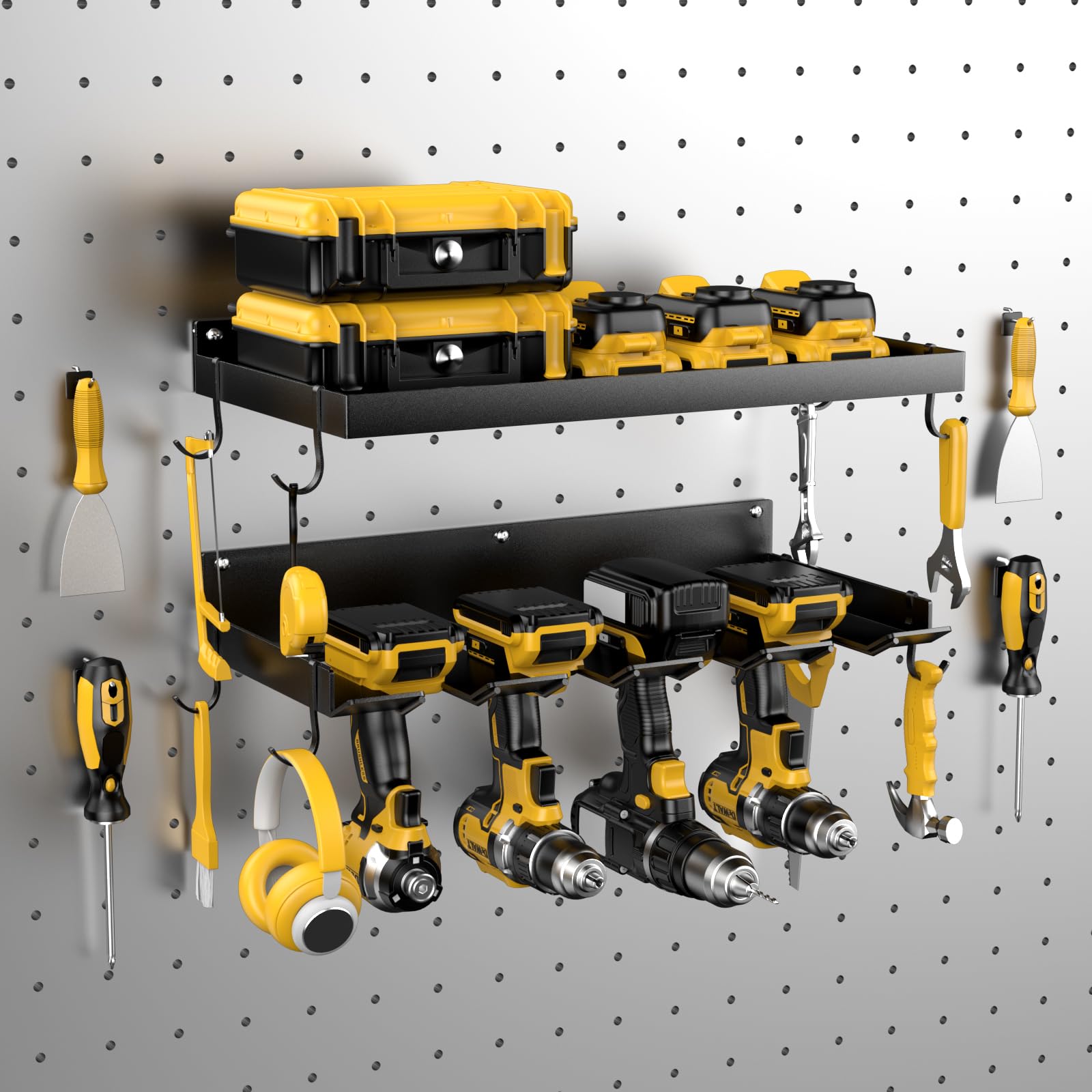Heavy Duty Wall Mount Power Tool Organizer with 4 Drill Holders & Hooks - Garage Storage for Batteries, Tool Box, Screwdrivers, Pliers & Hammers | Perfect Workshop Organization & DIY Gifts for Men