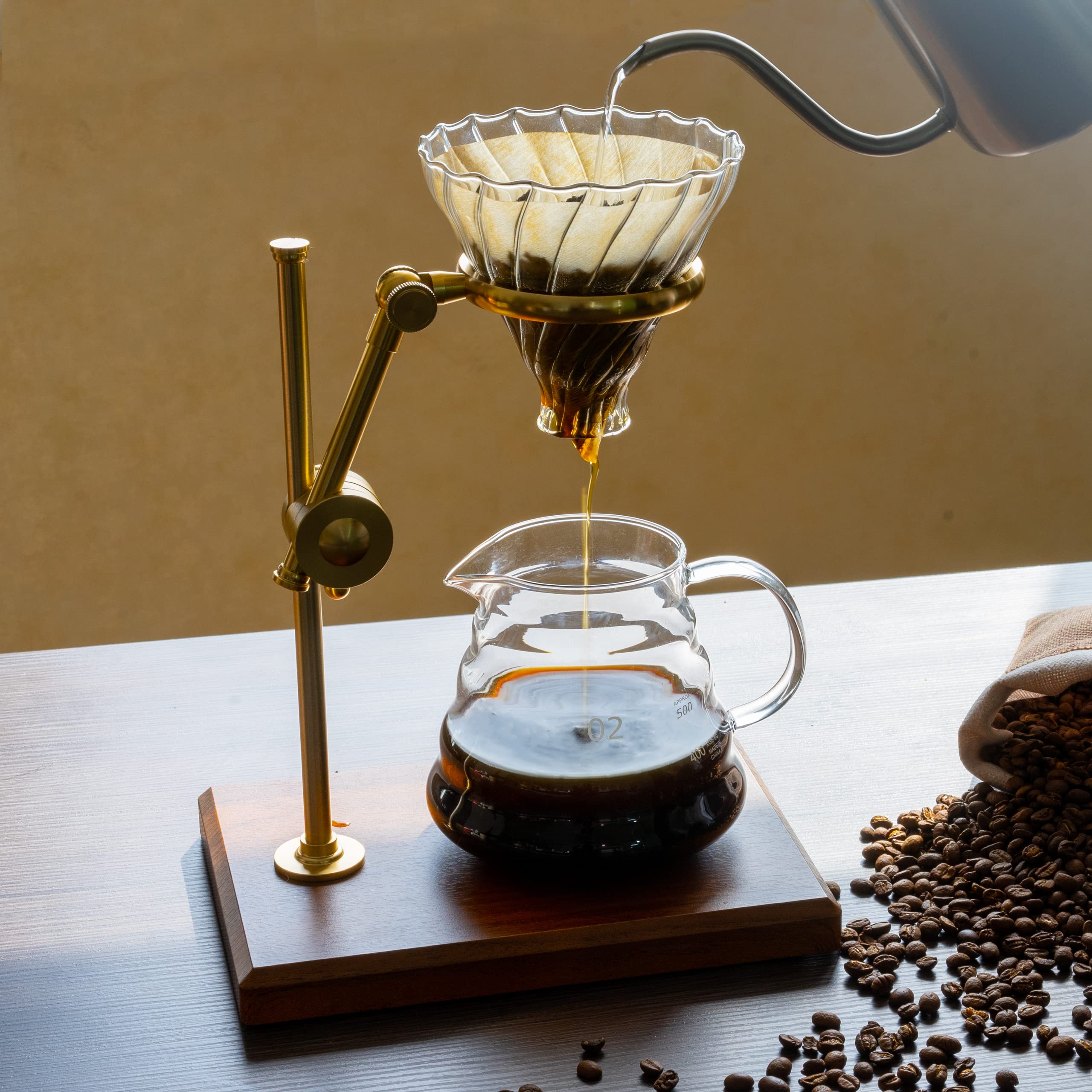 Premium Pour Over Coffee Maker Set - Adjustable Stainless Steel Stand with Wooden Base, Glass Carafe & Paper Filters | Ideal for Home Brewing, Office Use & Specialty Coffee Lovers