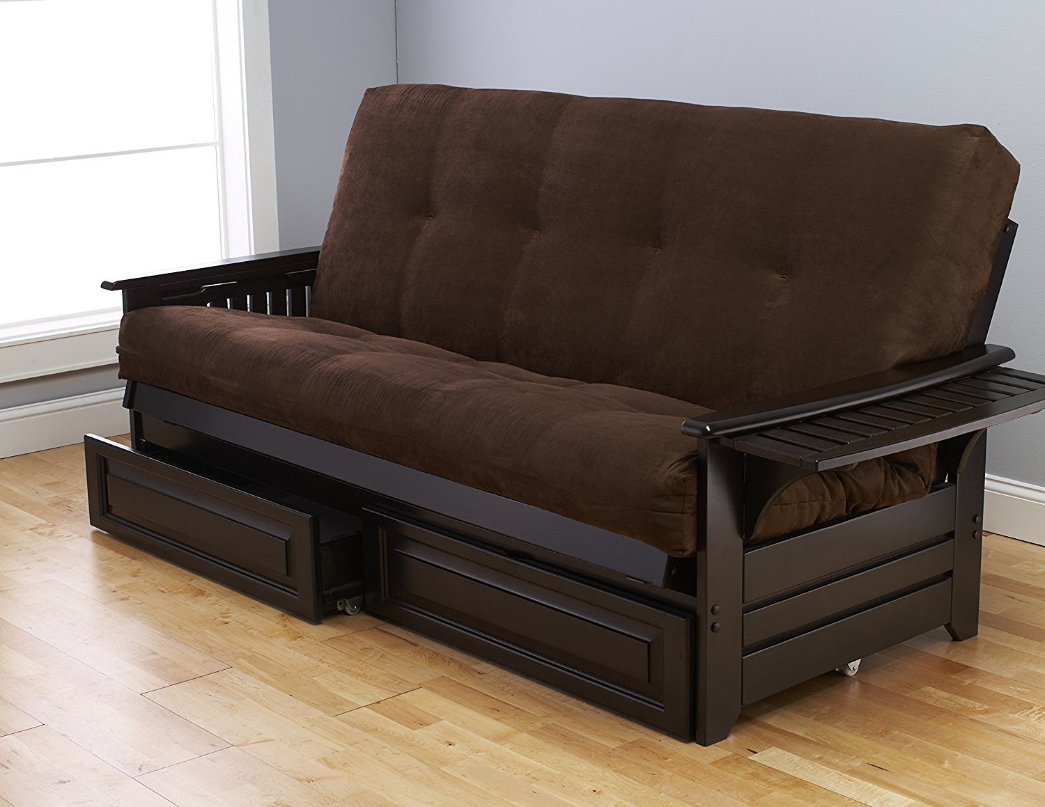 Queen Size Phoenix Espresso Wooden Sofa Bed with 7-Inch Microfiber Suede Futon & Storage Drawers - Chocolate Brown Mattress | Space-Saving Convertible Furniture for Small Apartments, Guest Rooms & Home Offices