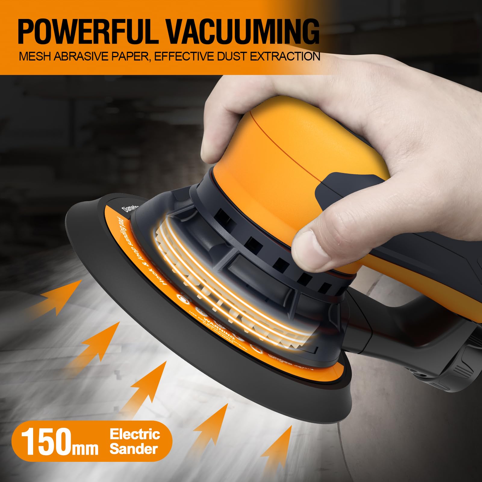 MAXXT Electric 5mm Random Orbital Sander with Brushless Motor - 5 & 6 Inch Sanding Pads, Central Vacuum System - Ideal for Woodworking, Primary Wood & Panel Processing (Orange) - Perfect for DIY Projects, Furniture Refinishing & Surface Preparation