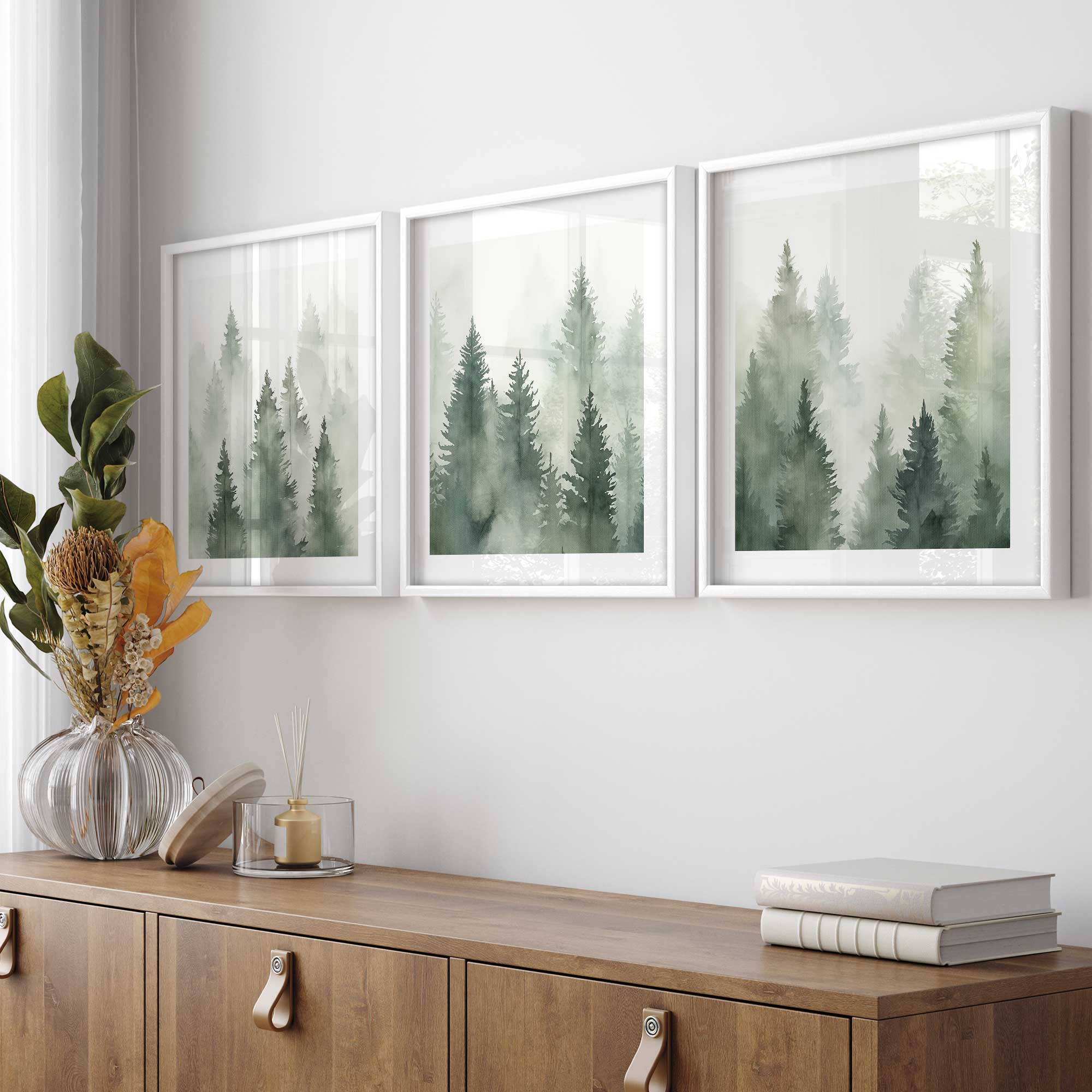 Green Haze Woodland Wall Art - Set of 3 Framed Nature Prints for Living Room, Bedroom & Office Decor | Forest Landscape Paintings | Ready to Hang Home Decoration