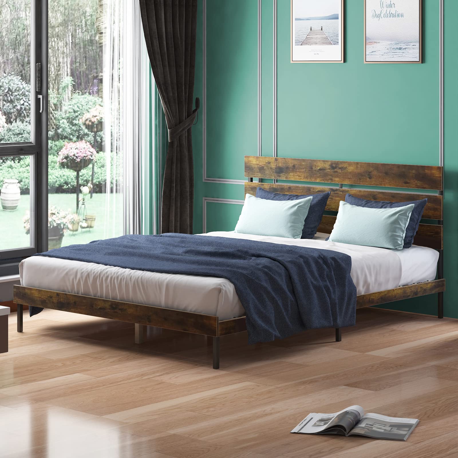 BALUS Full Wood Platform Bed Frame with Headboard - Sturdy & Quiet for Bedroom Storage