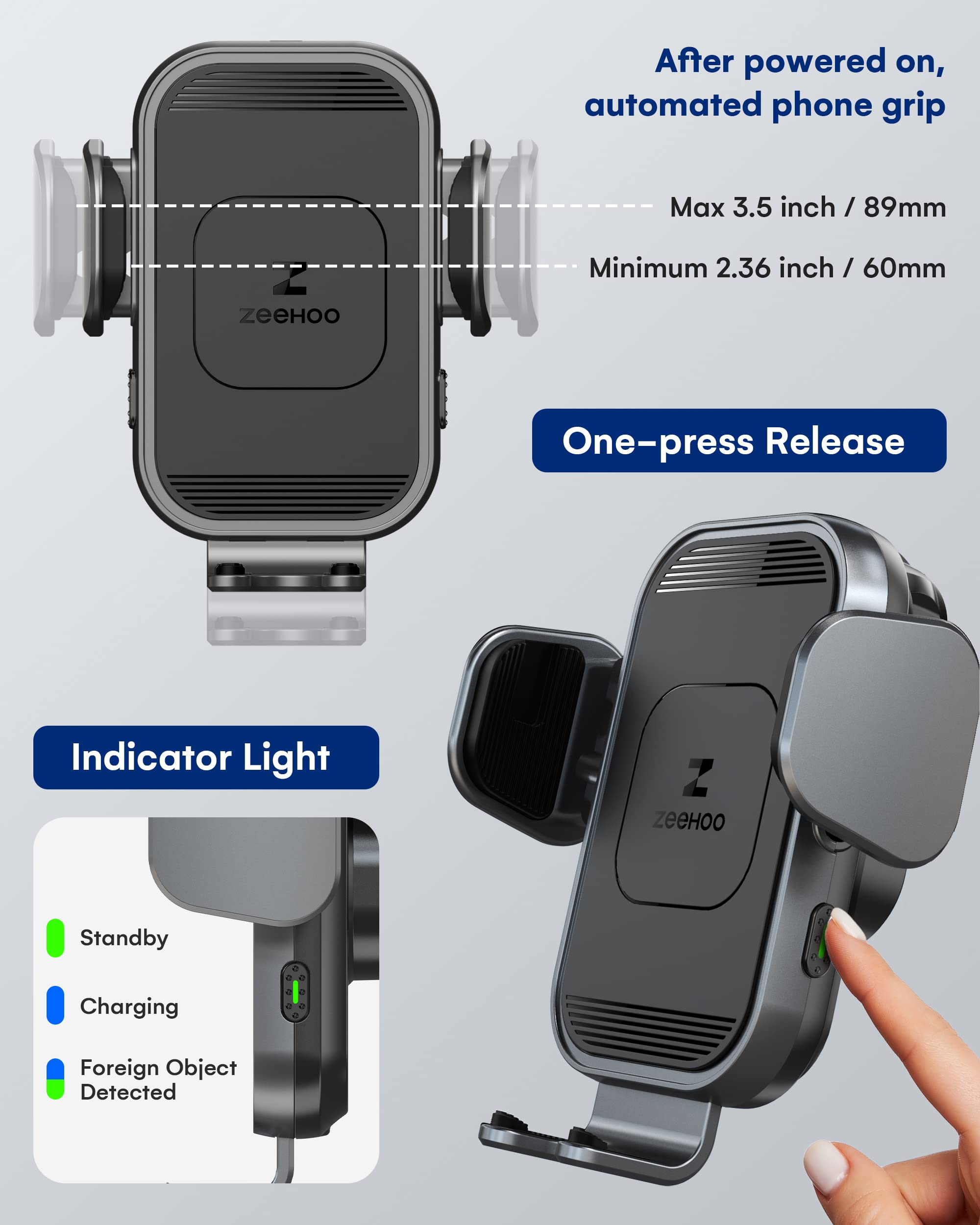 ZEEHOO 15W Fast Wireless Car Charger - Auto Clamping Phone Mount Holder for iPhone 15/14/13/12/11 Pro Max/XS & Samsung Galaxy S23+/S22 (Grey) | Secure Charging While Driving, Perfect for Commuters & Road Trips