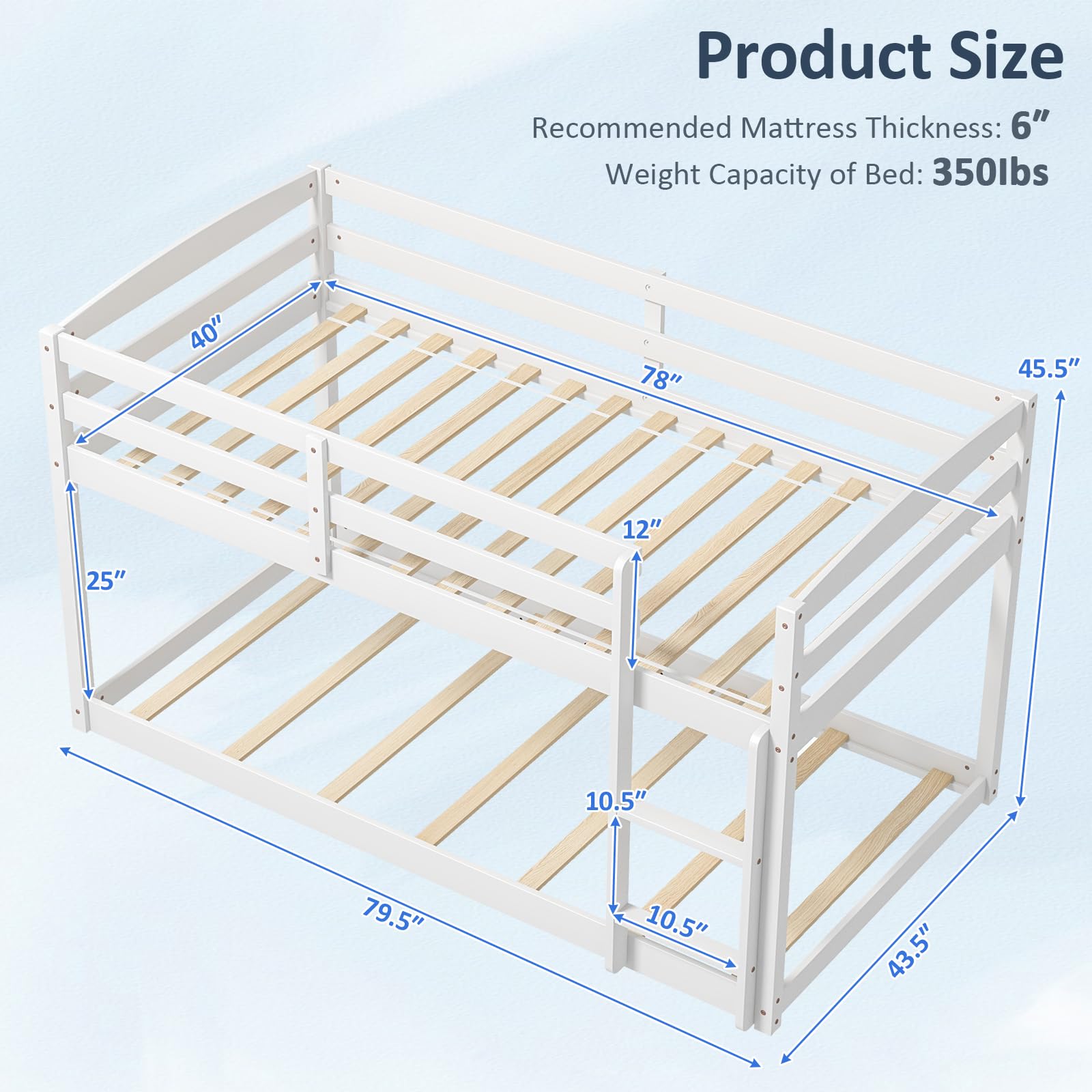 Giantex Twin Low Bunk Bed Frame - Solid Wood Twin Over Twin Bunk Bed with Full Guardrails & Built-in Ladder - Sturdy Kids Bunk Beds for Boys and Girls - No Box Spring Required - White - Perfect for Small Bedrooms, Kids' Rooms, Sleepovers & Space-Saving Solutions
