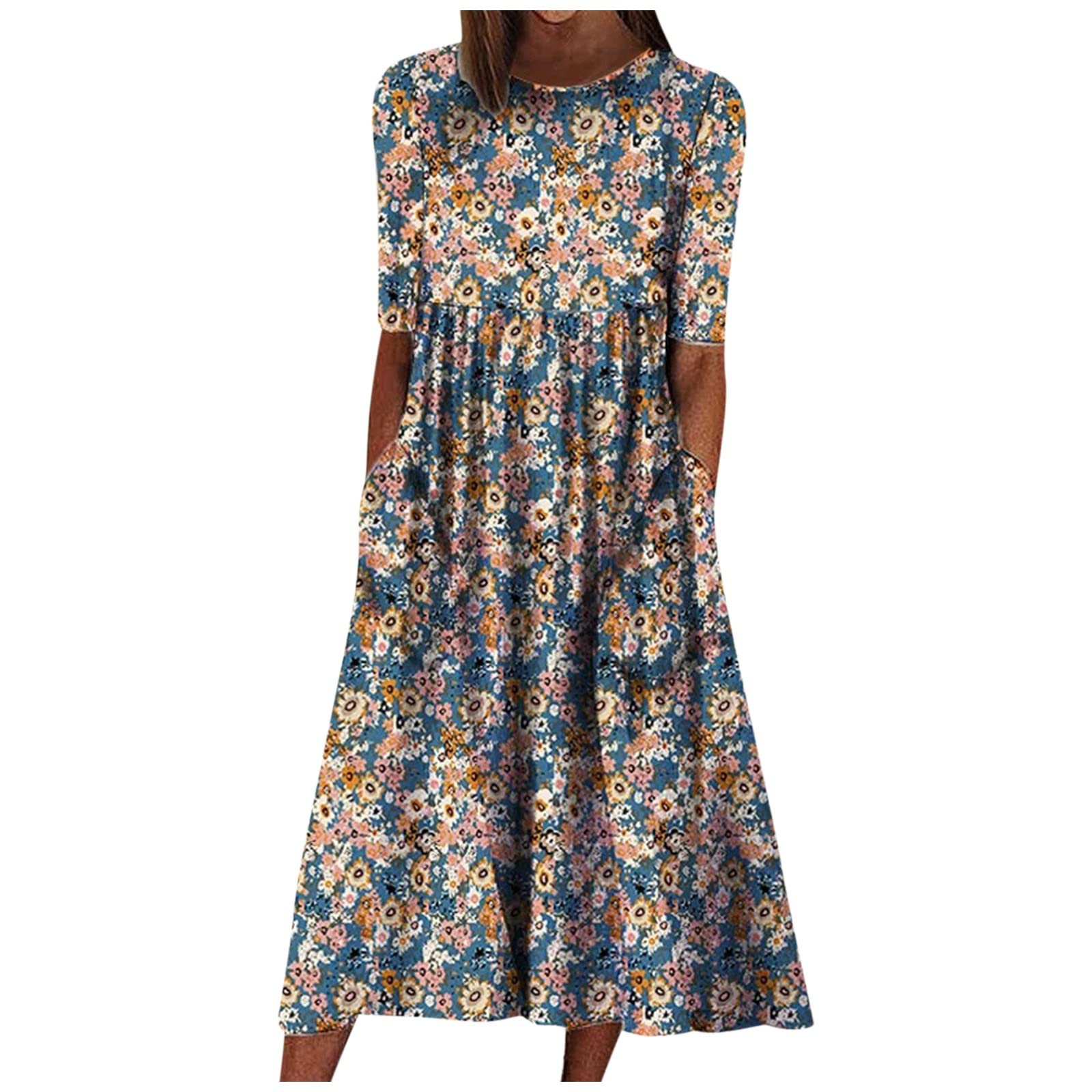 Women's Summer Casual Cocktail Dress - Floral Printed Mid Sleeve Round Neck Loose Fit Sundress with Pockets | Perfect for Beach Vacations, Garden Parties & Date Nights