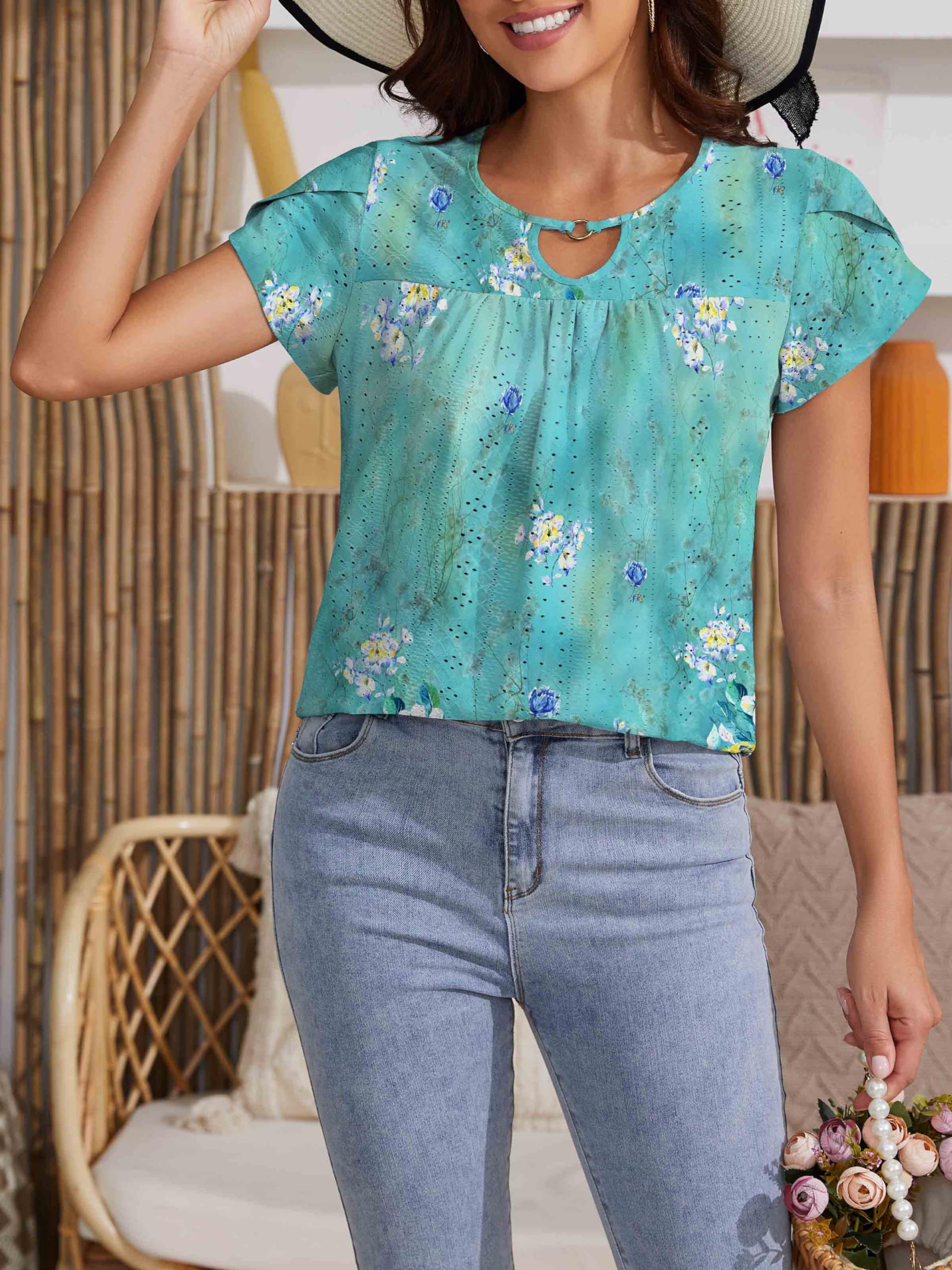 Neineiwu Women's Casual Short Sleeve Blouse with Petal Sleeves & Pleated Design - Perfect for Office Wear, Date Nights & Summer Outfits