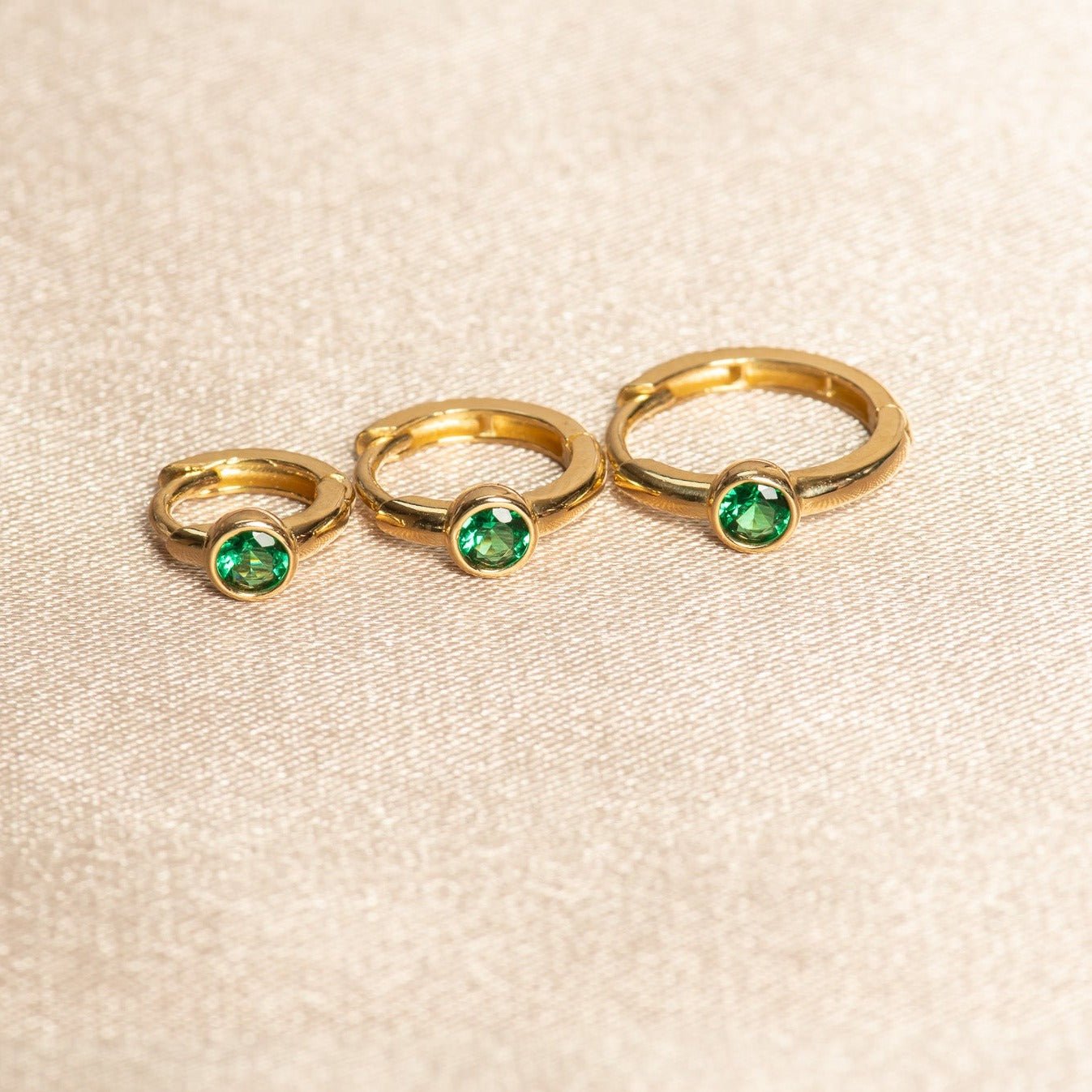 14K Solid Yellow Gold Emerald Huggie Hoop Earrings - Dainty Bezel Set Studs for Women, Perfect for Everyday Wear & Special Occasions