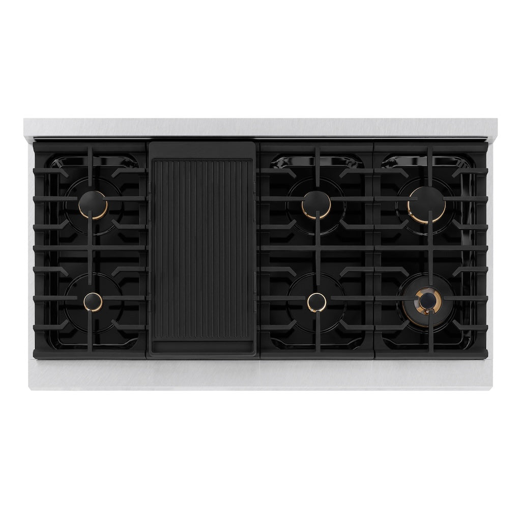 ZLINE Autograph Edition 48-inch 6.7 cu. ft. Paramount Double Oven Gas Range with 8-Burner Cooktop - Satin Stainless Steel with Black Matte Doors & Polished Gold Accents (SGRSZ BLM 48 G) - Perfect for Professional Kitchens & Luxury Home Cooking