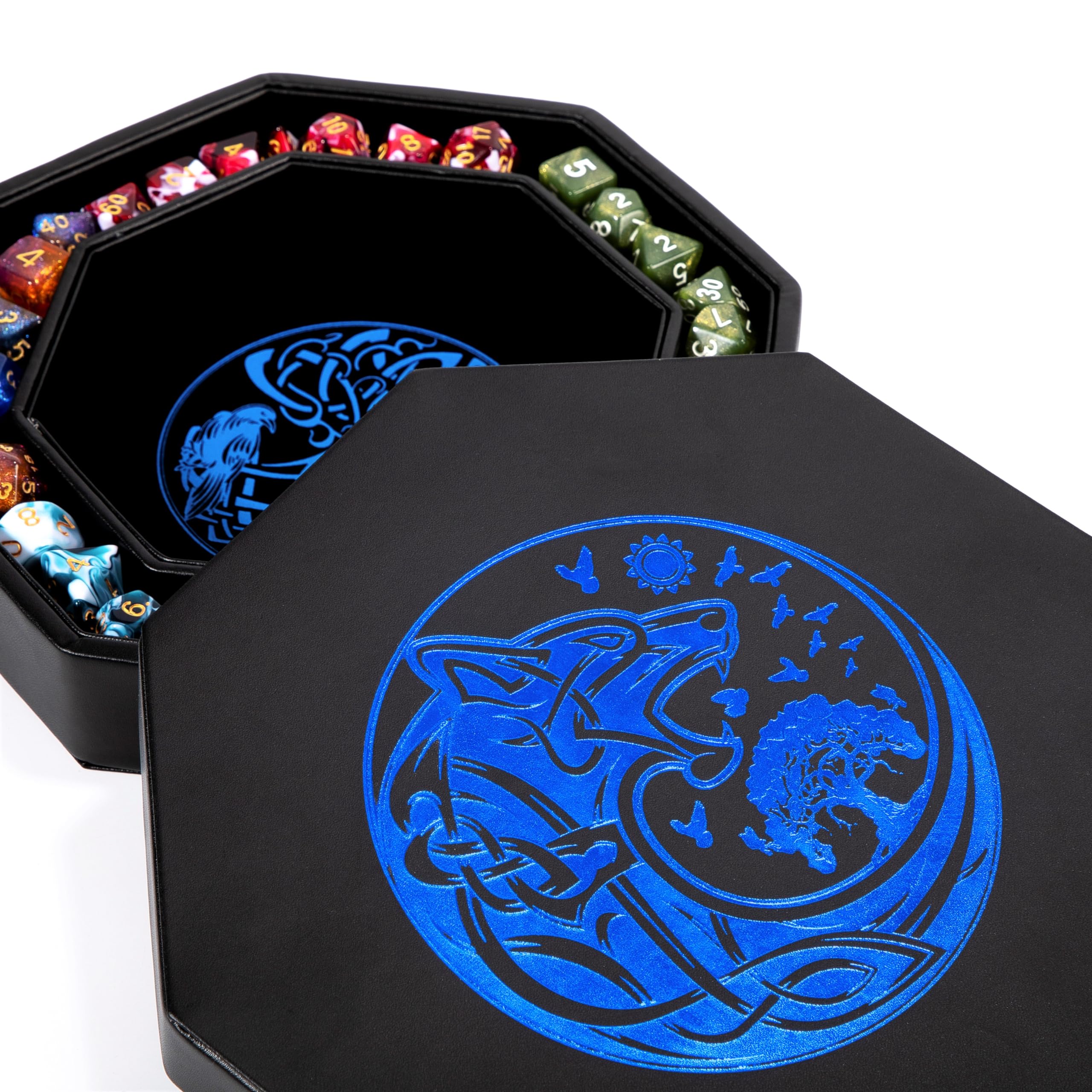 Premium 8 Inch DND Dice Tray for Dungeons & Dragons - Dark Blue World Tree & Wolf Raven Design - Perfect Rolling & Storage for D&D, RPG Tabletop Games - Great for Dice Protection & Organized Gaming Sessions