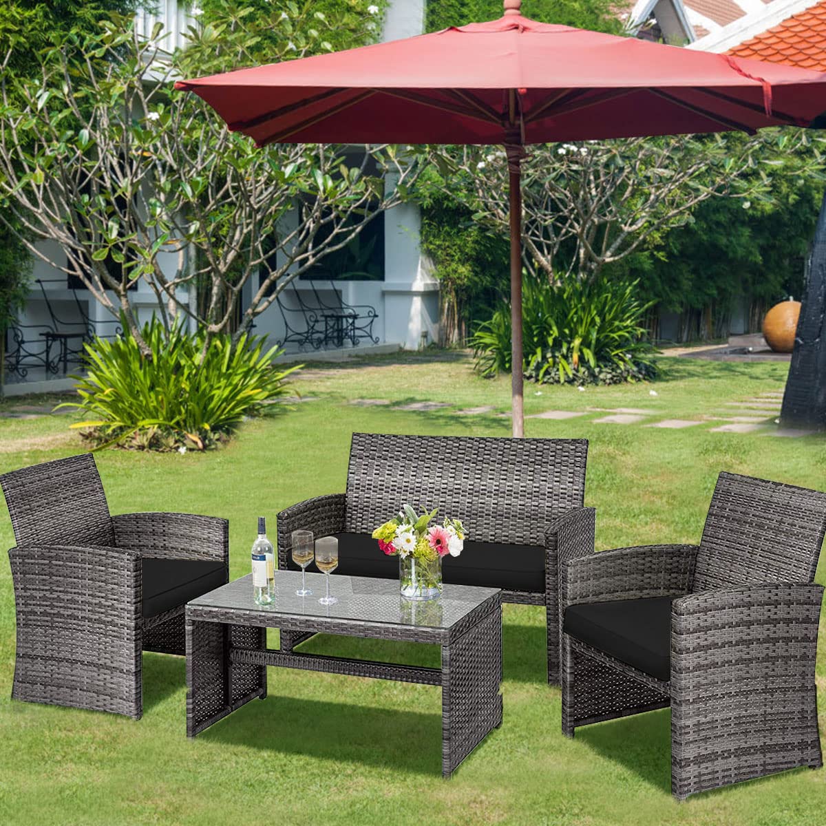 Tangkula 4-Piece Wicker Patio Conversation Set - Outdoor Rattan Sofa Set with Coffee Table, Cushioned Seating & Tempered Glass Top - Perfect for Poolside, Balcony, Garden or Backyard Relaxation