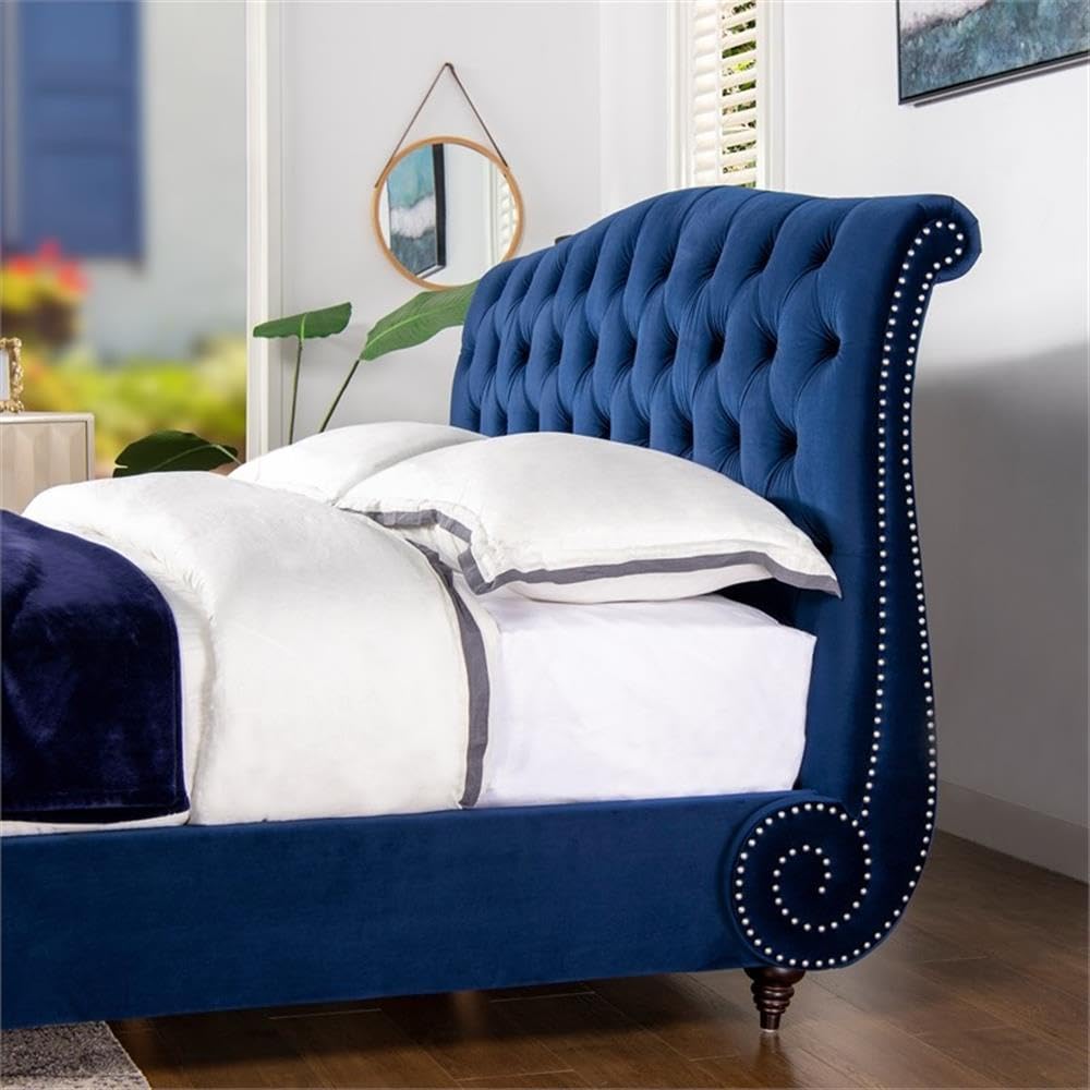 Jennifer Taylor Home Nautilus King Bed Frame with Headboard & Footboard - Navy Blue Velvet Upholstered - King Size (US Standard) - Luxurious Bedroom Centerpiece for Master Suites & Guest Rooms