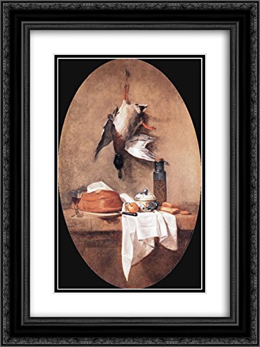 Wild Duck With Olive Jar 18x24 Black Ornate Frame Double Matted Museum Art Print by Jean Baptiste Simeon Chardin - Classic French Still Life Painting for Dining Room, Living Room & Office Decor