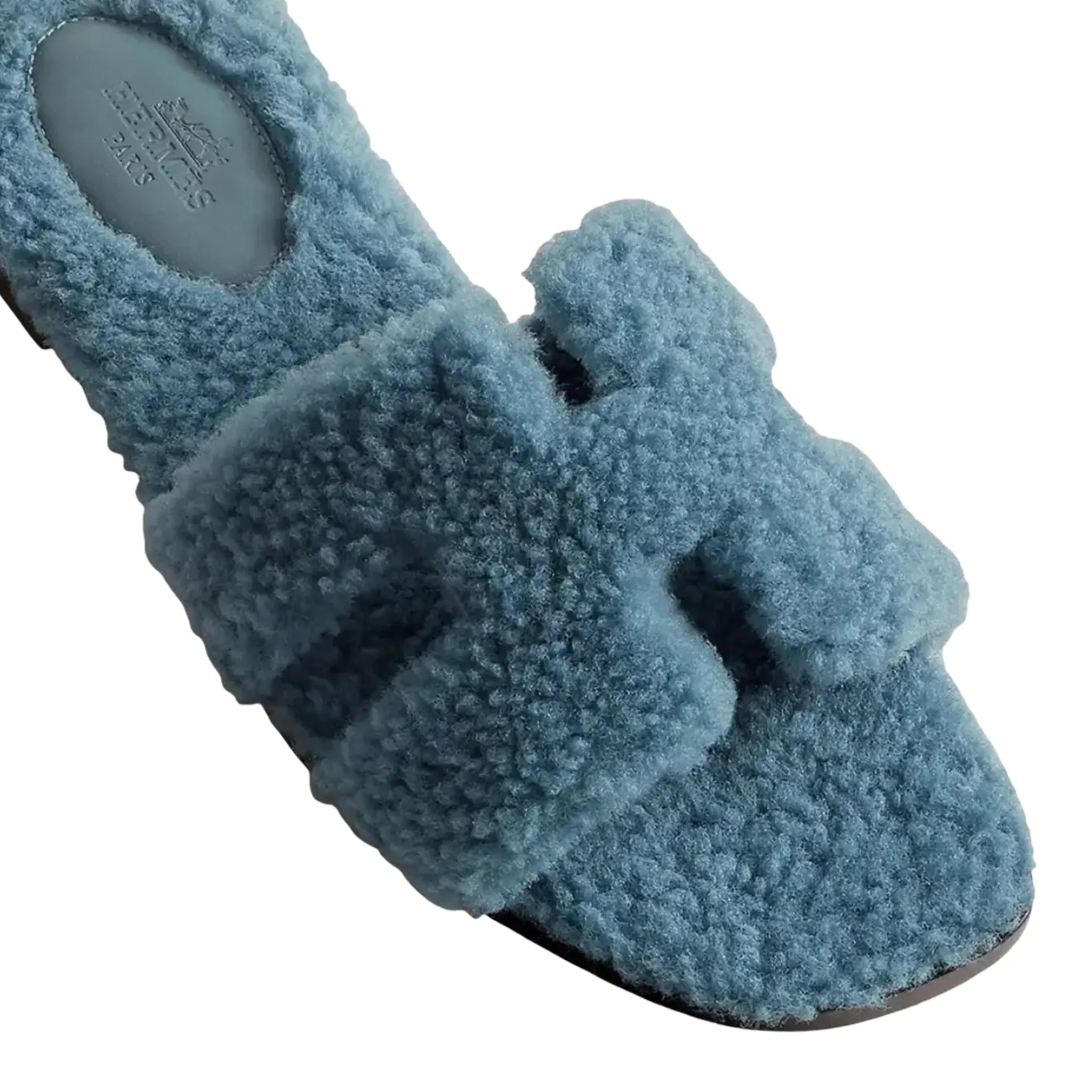 Hermès Paris Oran Blue Shearling Sandals - Women's Luxury Leather Summer Sandals with Shearling Lining for Casual Outings & Beach Vacations