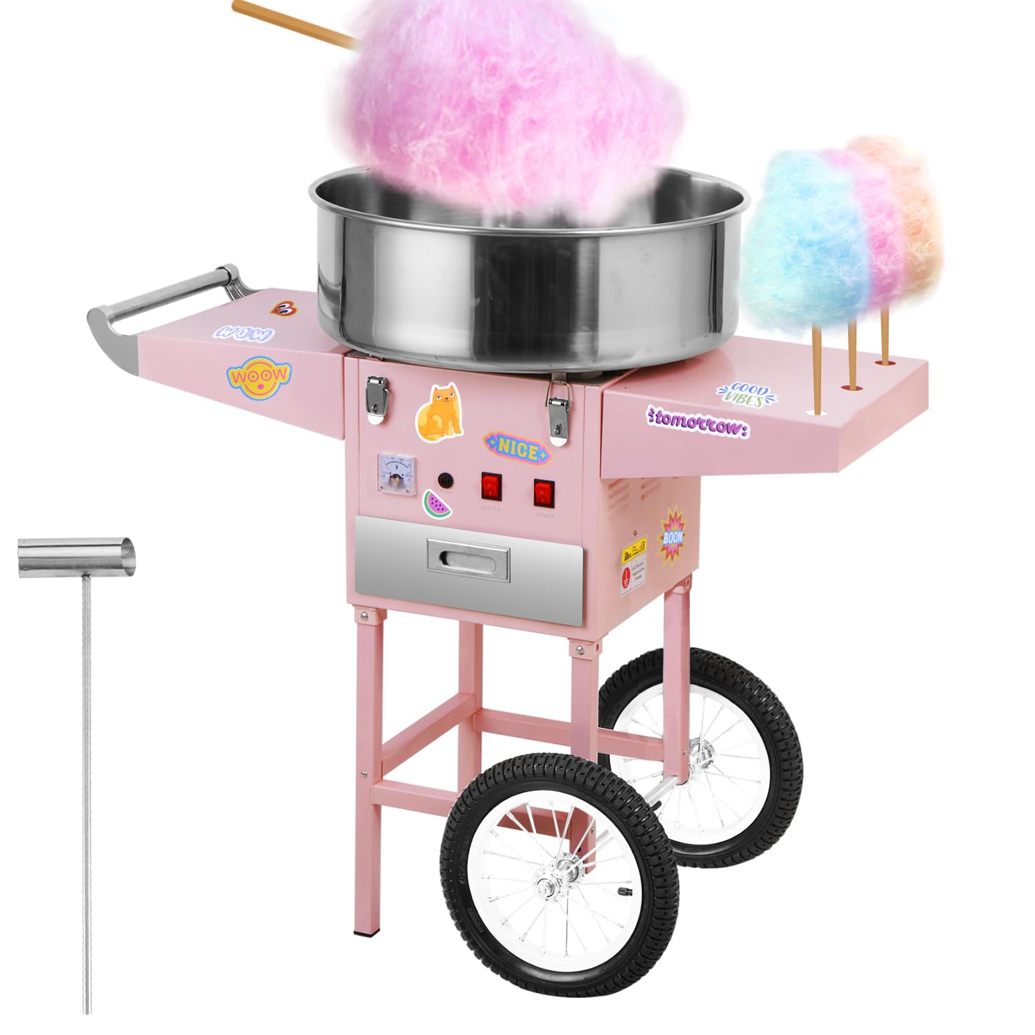 Commercial Cotton Candy Machine with Cart - 1100W Pink Electric Candy Floss Maker for Kids & Parties - 20