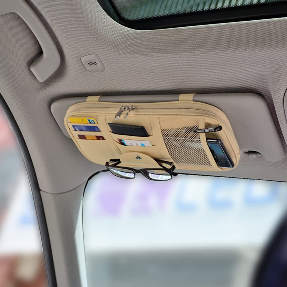 VAGURFO Car Sun Visor Organizer - Multi-Pocket Zipper Storage Pouch for Car & Truck - Beige Auto Interior Accessories | Perfect for Sunglasses, Phones, Keys & Small Items Organization