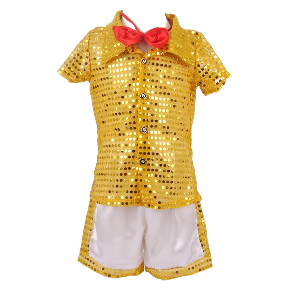 ZEVONDA Boys Sequin Shirt & Shorts Dance Costume with Bowknot Tie - Stylish Party Outfit for Performances, Recitals, and Special Events