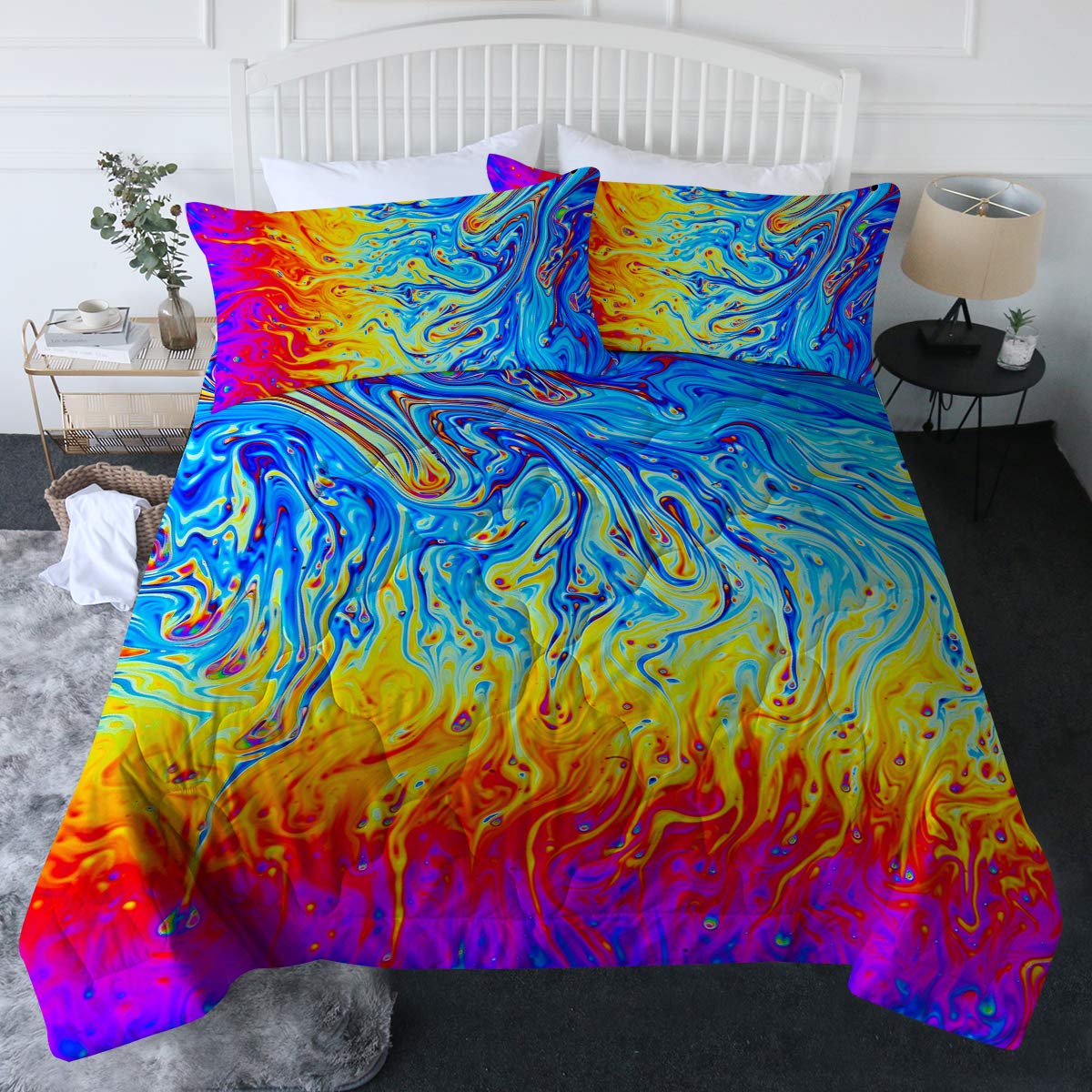 BlessLiving 3 Piece Vintage Marble Comforter Set with Pillow Shams - Rainbow Marble Bedding Set with 3D Printed Designs, Reversible Full/Queen Size Comforter - Soft, Comfortable & Machine Washable - Perfect for Bedroom Decor, Guest Rooms & Cozy Nights