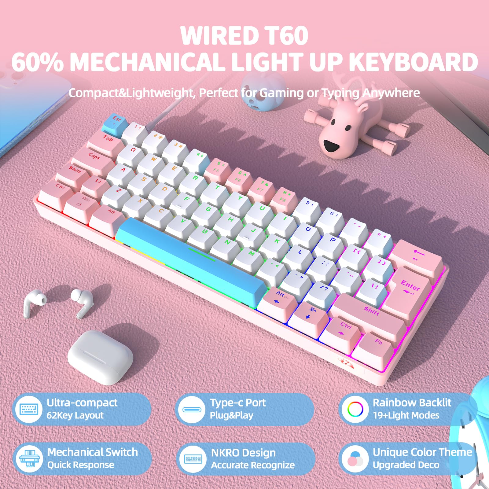 60% UK Gaming Mechanical Keyboard - Blue Switches, RGB Backlight for PC/Laptop (Pink White) - Compact Office & Gaming Use
