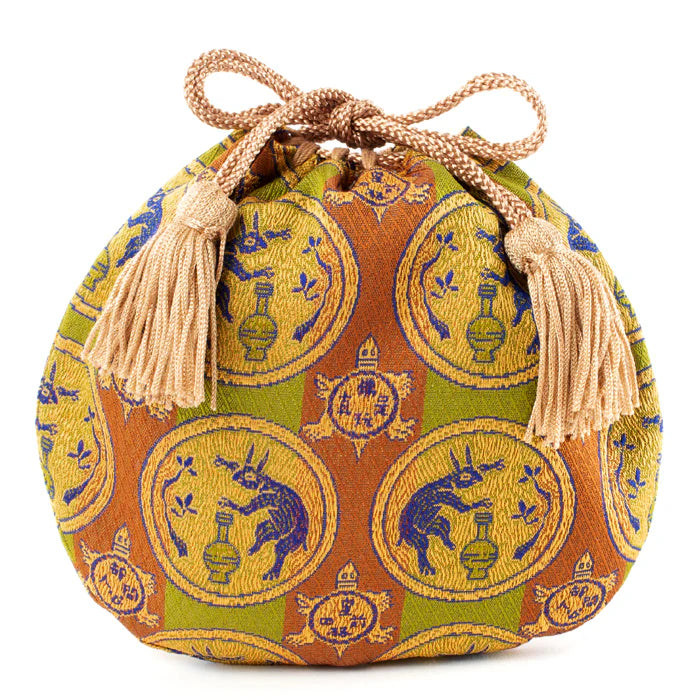 Handmade Kyoto Nishijin Silk Drawstring Pouch - Rabbit & Brown Japanese Traditional Craft Purse for Jewelry, Coins & Gifts | Elegant Cultural Accessory