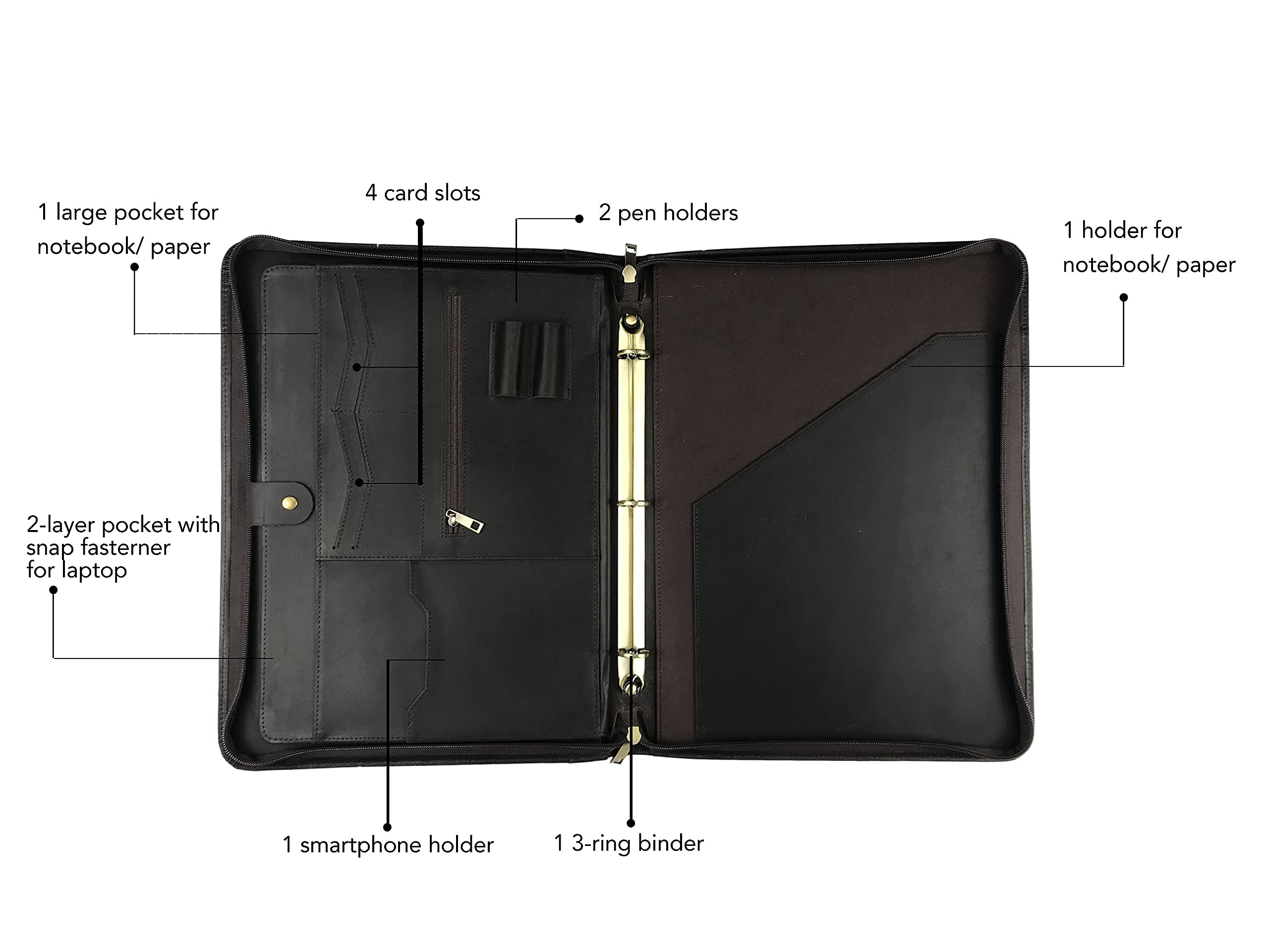 Premium Genuine Leather Portfolio for Men - Personalized Zipper Padfolio with 3-Ring Binder, Fits 13