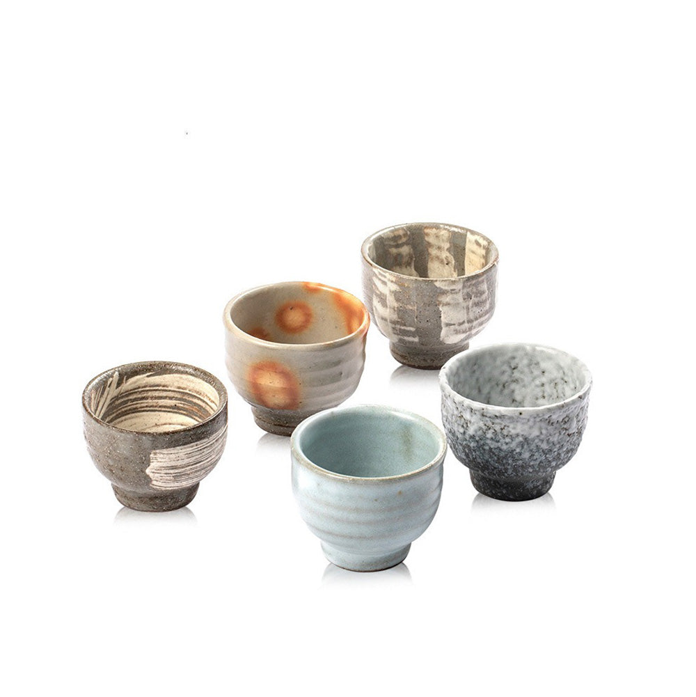 Authentic Japanese Wabi-Sabi Wanko Yaki Pottery Tea Cup Set of 5 - Handcrafted Ceramic Matcha Cups for Traditional Tea Ceremony, Home Decor & Gift