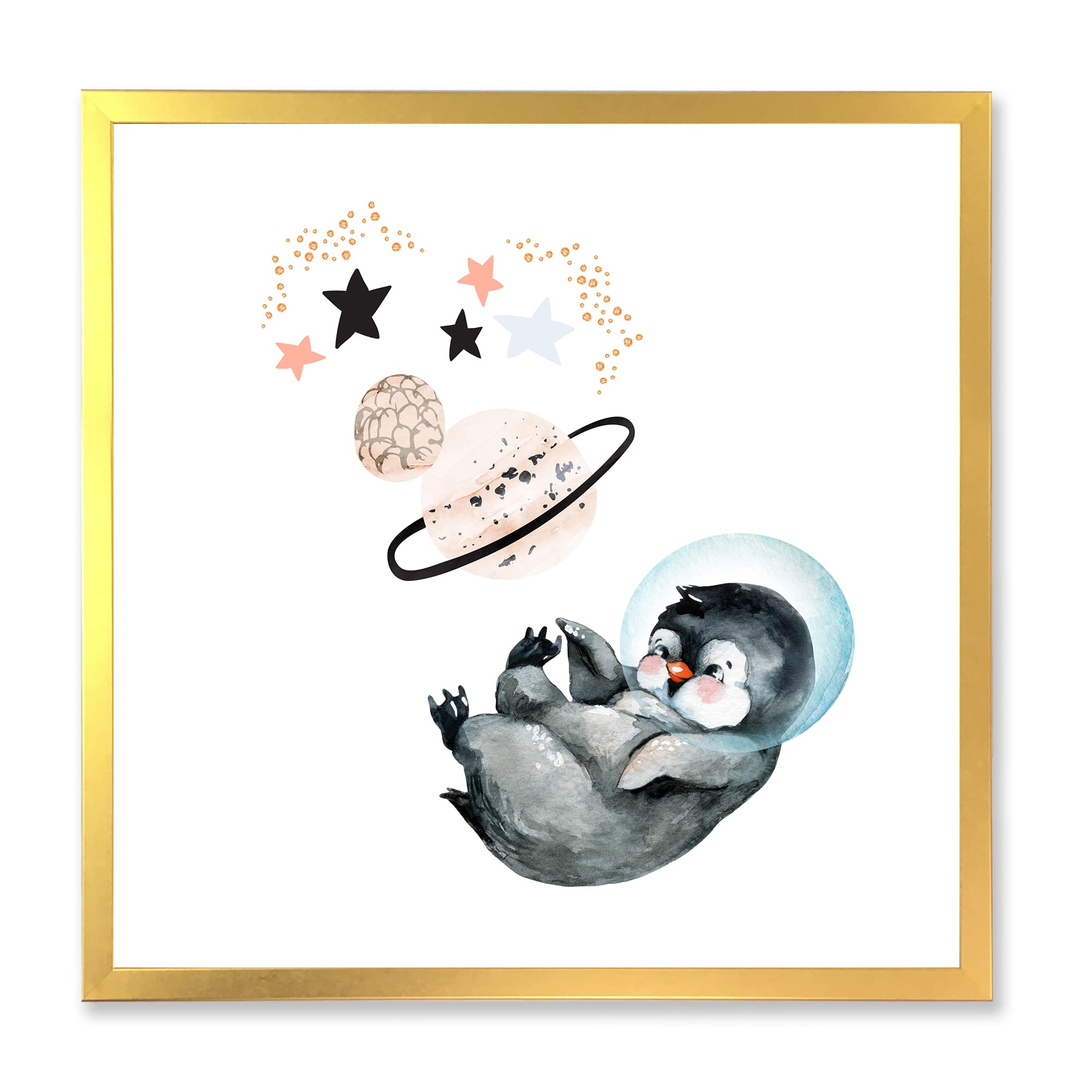 Little Penguin with Stars and Planets - Farmhouse Framed Wall Art Decor for Nursery, Kids Room & Living Room