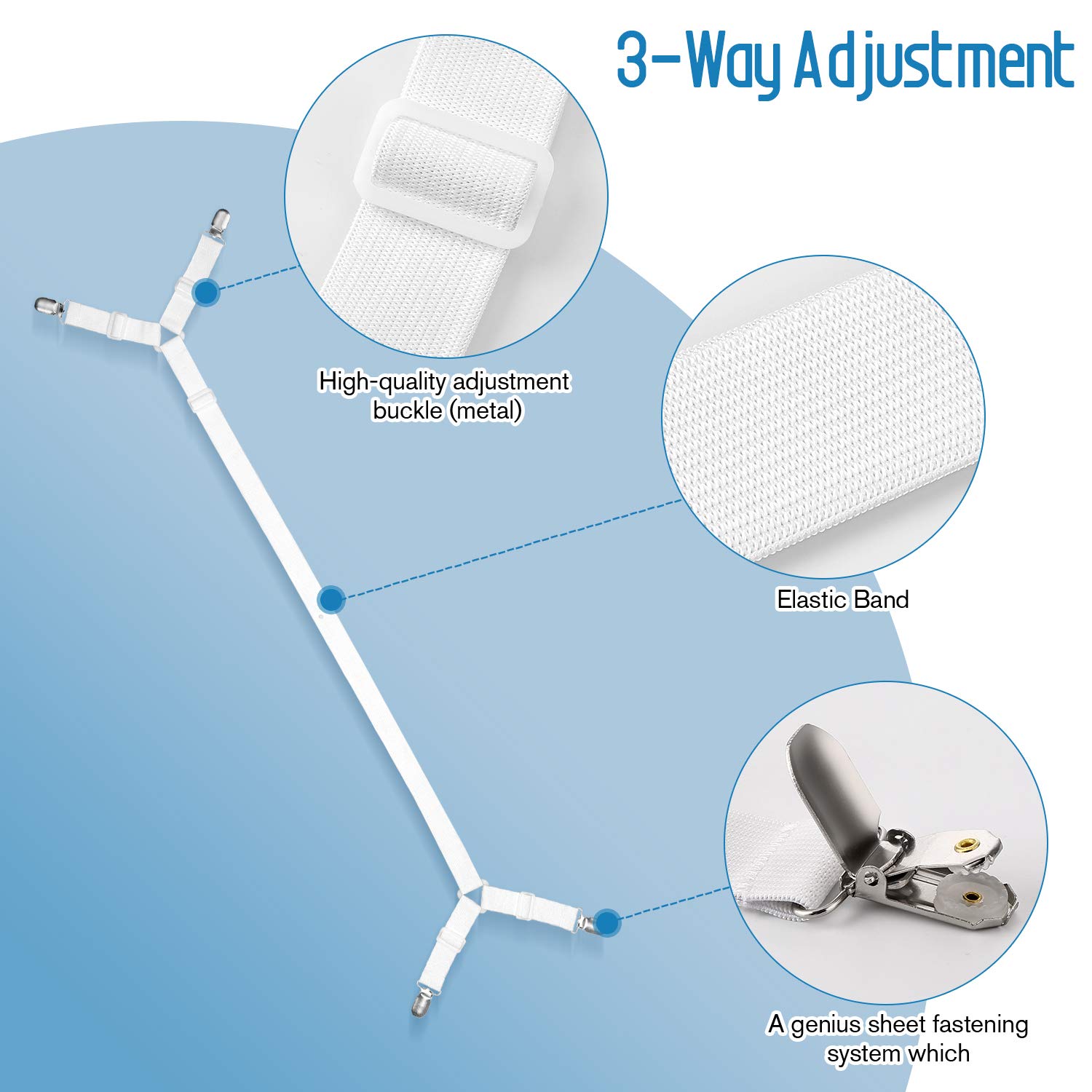 WADEO 2 Pack Adjustable Cross Bed Straps with Side Pull, Mattress Clips & Fasteners - Universal Fit for All Square Mattresses (White) - Perfect for Bedding Security & Mattress Stabilization