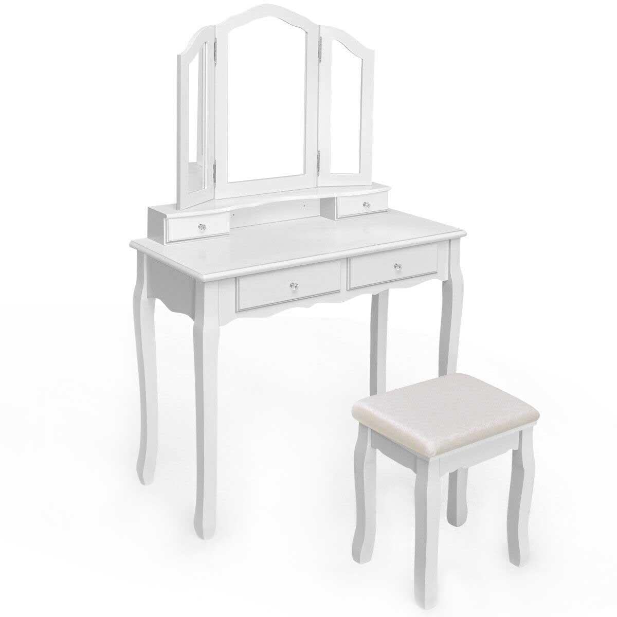 InstaWhite Tri-Folding Mirror Vanity Makeup Table with Stool & 4 Drawers - Portable Dressing Desk for Bedroom, Bathroom & Small Spaces - Perfect for Makeup, Skincare & Jewelry Organization