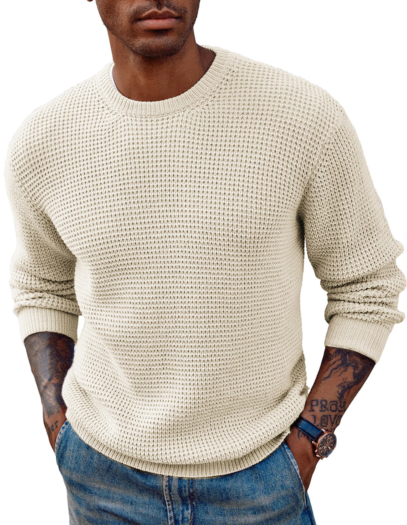 PJ Paul Jones Men's Waffle Knit Crewneck Sweater - Long Sleeve Textured Pullover for Casual Wear & Winter Layering