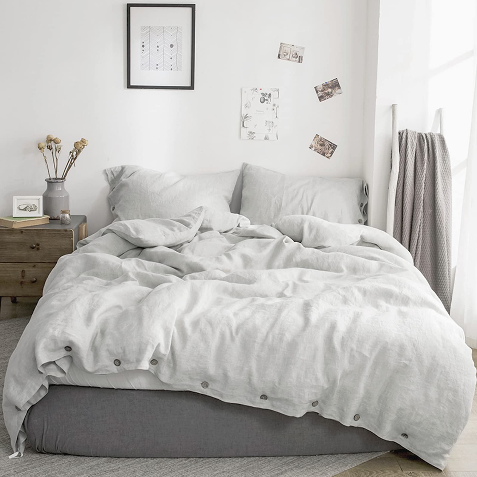 100% Washed Linen Duvet Cover Twin Size - 2 Piece Natural Flax French Country Bedding Set | Breathable Farmhouse Comforter Cover with Coconut Button Closure in Grey | Perfect for Cozy Bedrooms, Guest Rooms & Vacation Homes